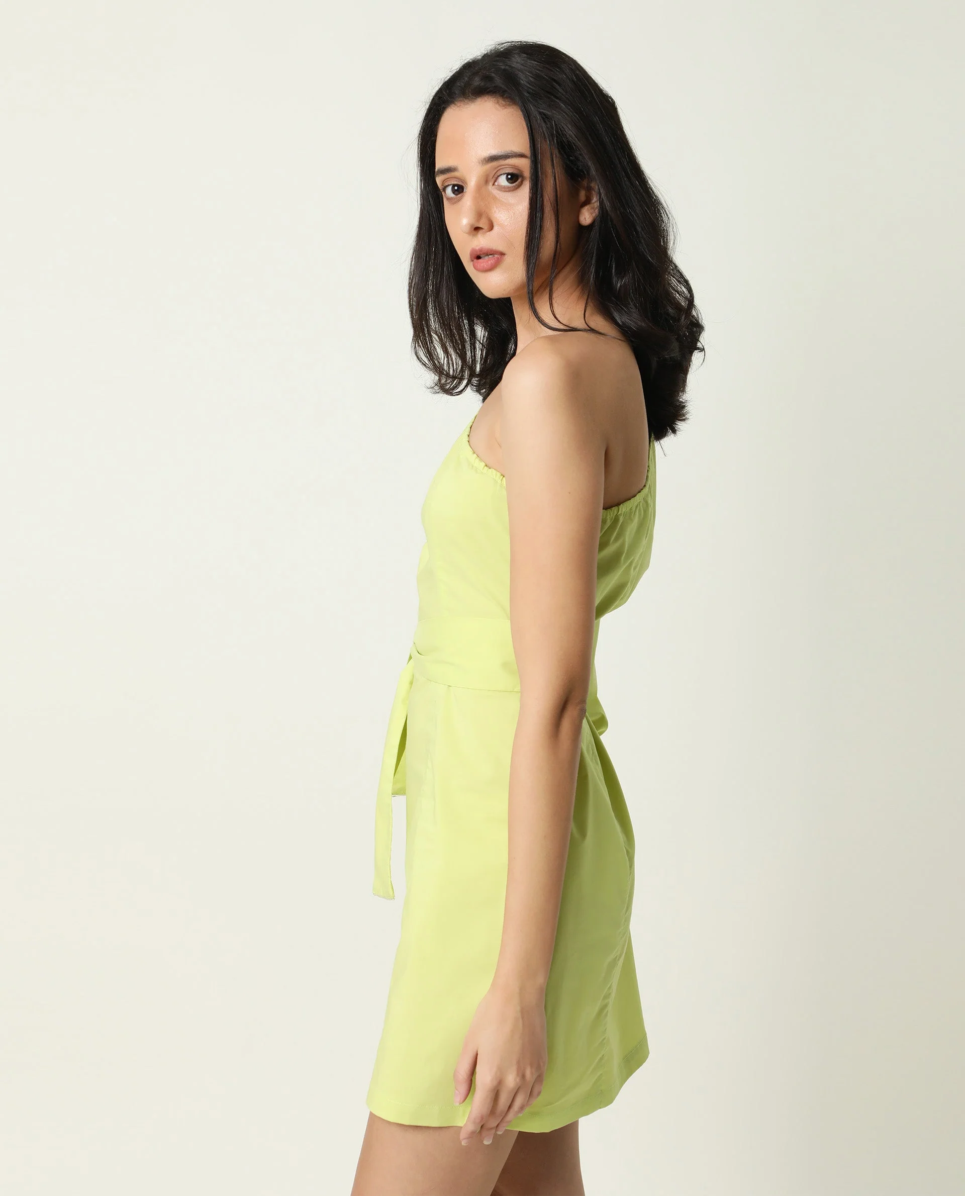 Rareism Women's Floris Green Polyester Blend One Shoulder Plain Puff Sleeves Knee Length Slim Fit Dress - Image 8