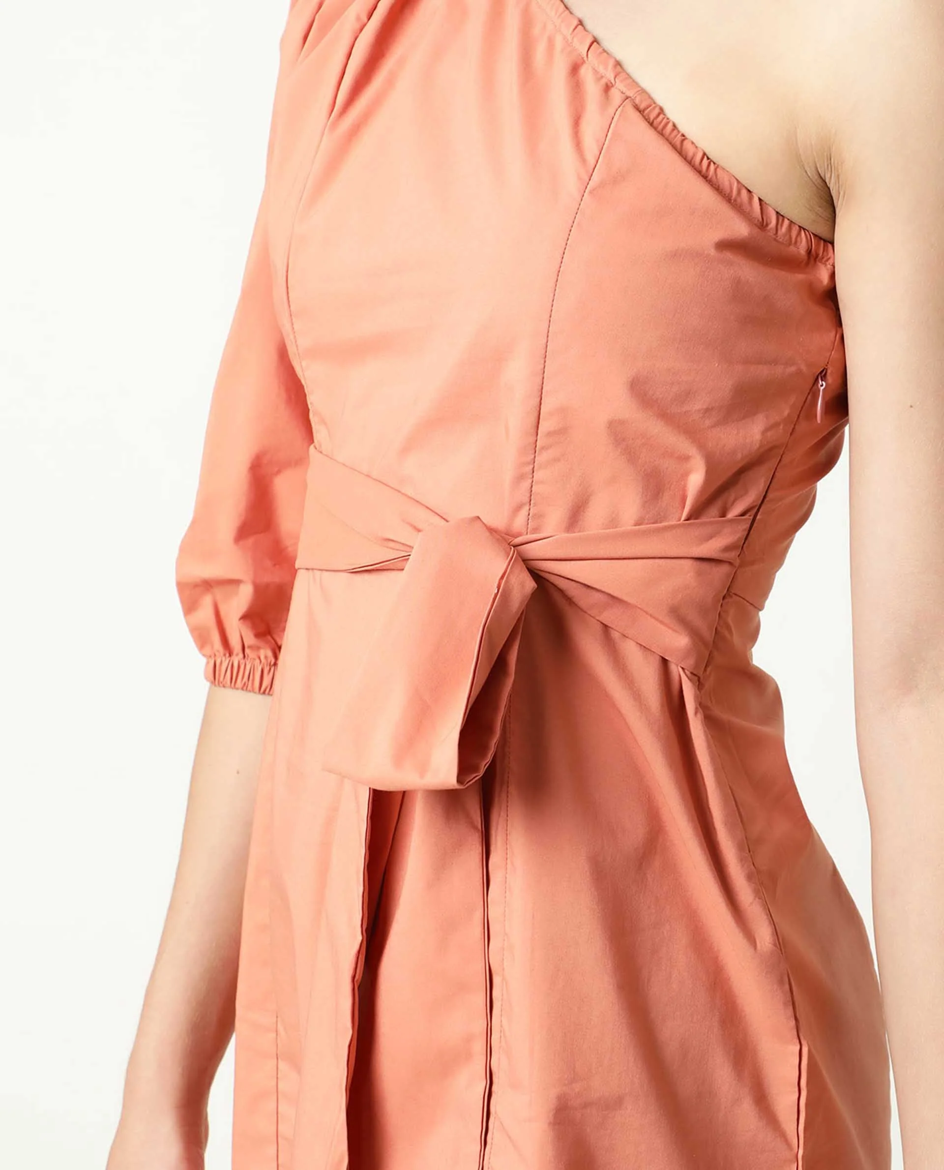 Rareism Women's Floris Peach Polyester Blend One Shoulder Plain Puff Sleeves Knee Length Slim Fit Dress - Image 3