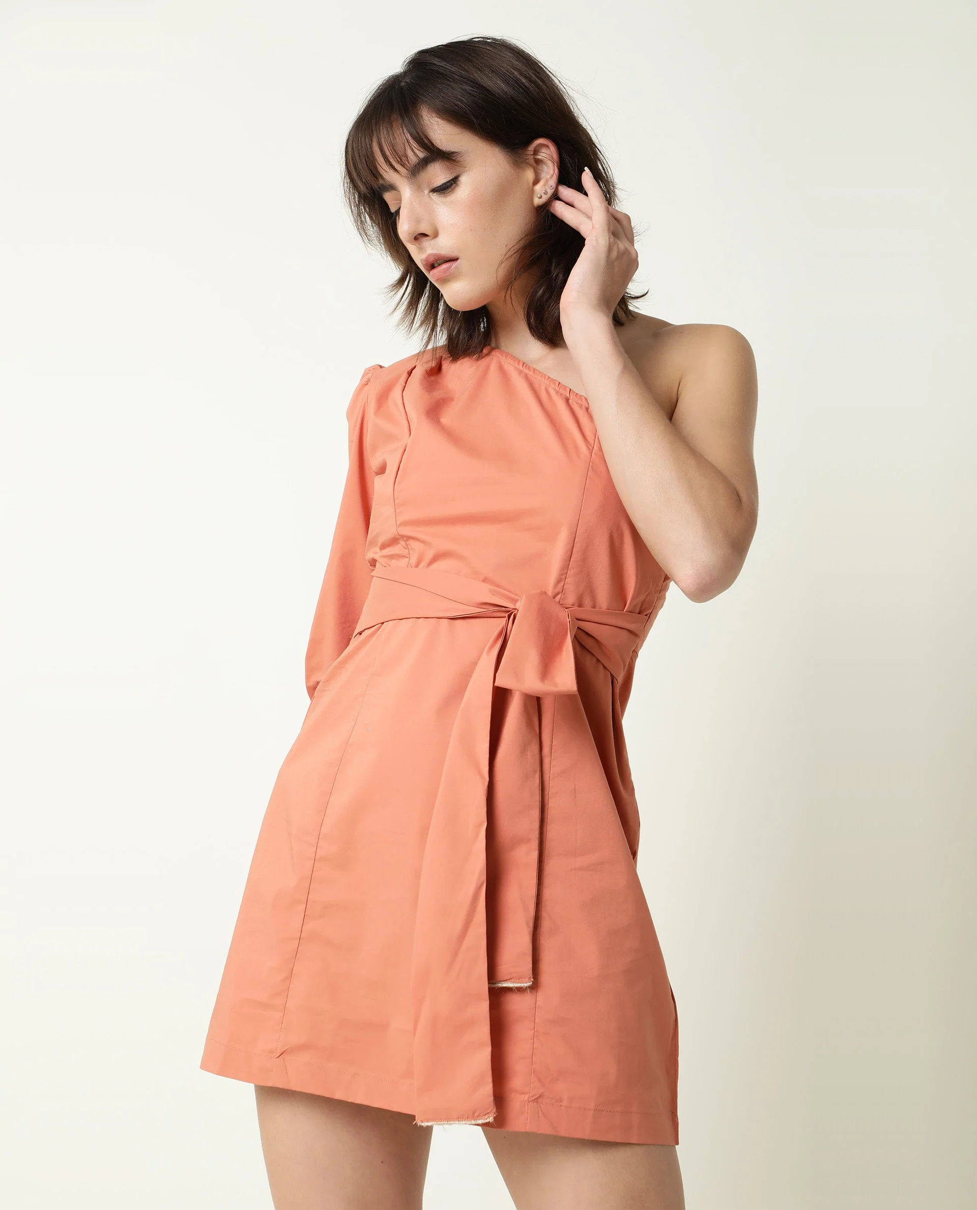 Rareism Women's Floris Peach Polyester Blend One Shoulder Plain Puff Sleeves Knee Length Slim Fit Dress - Image 4