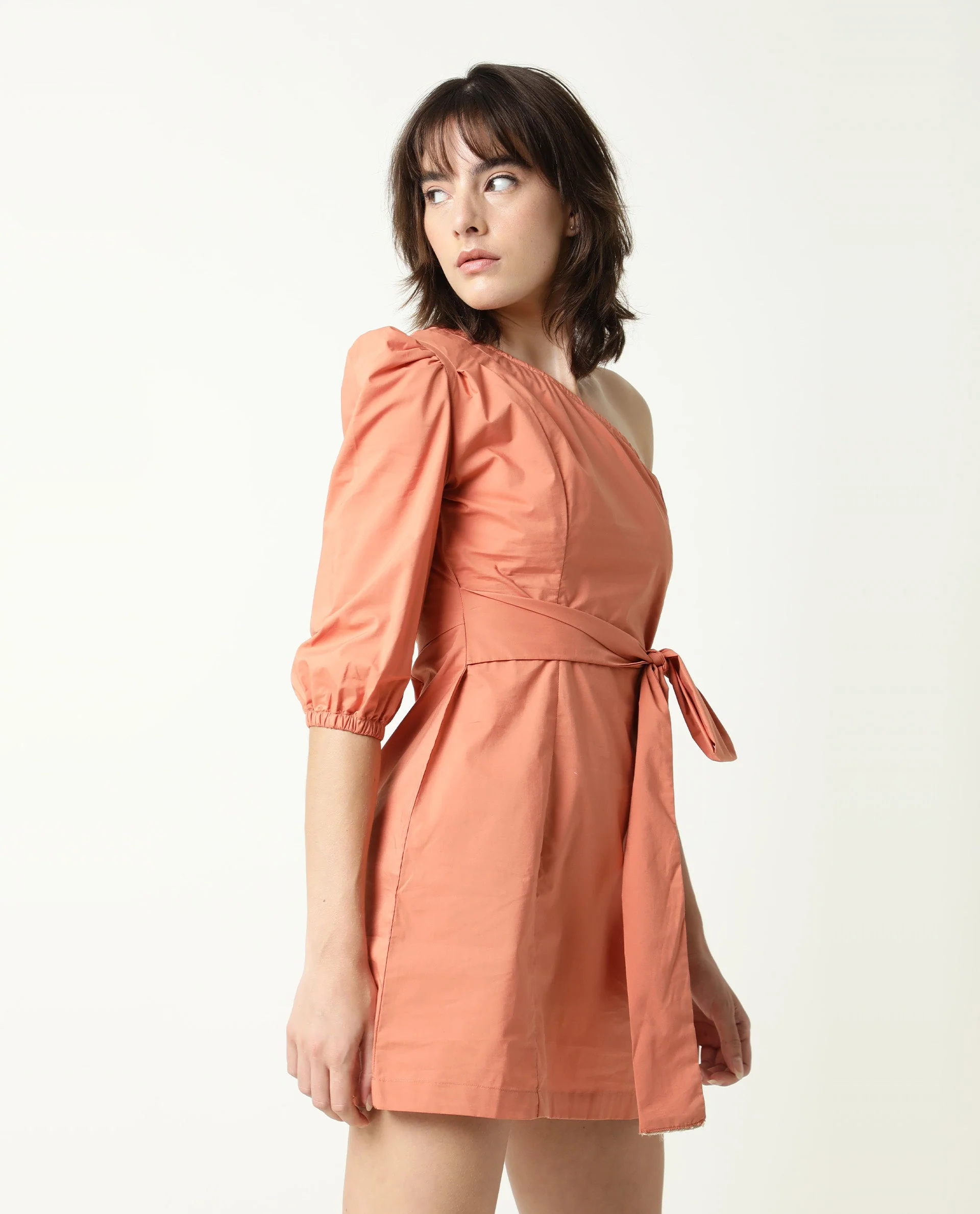 Rareism Women's Floris Peach Polyester Blend One Shoulder Plain Puff Sleeves Knee Length Slim Fit Dress - Image 6