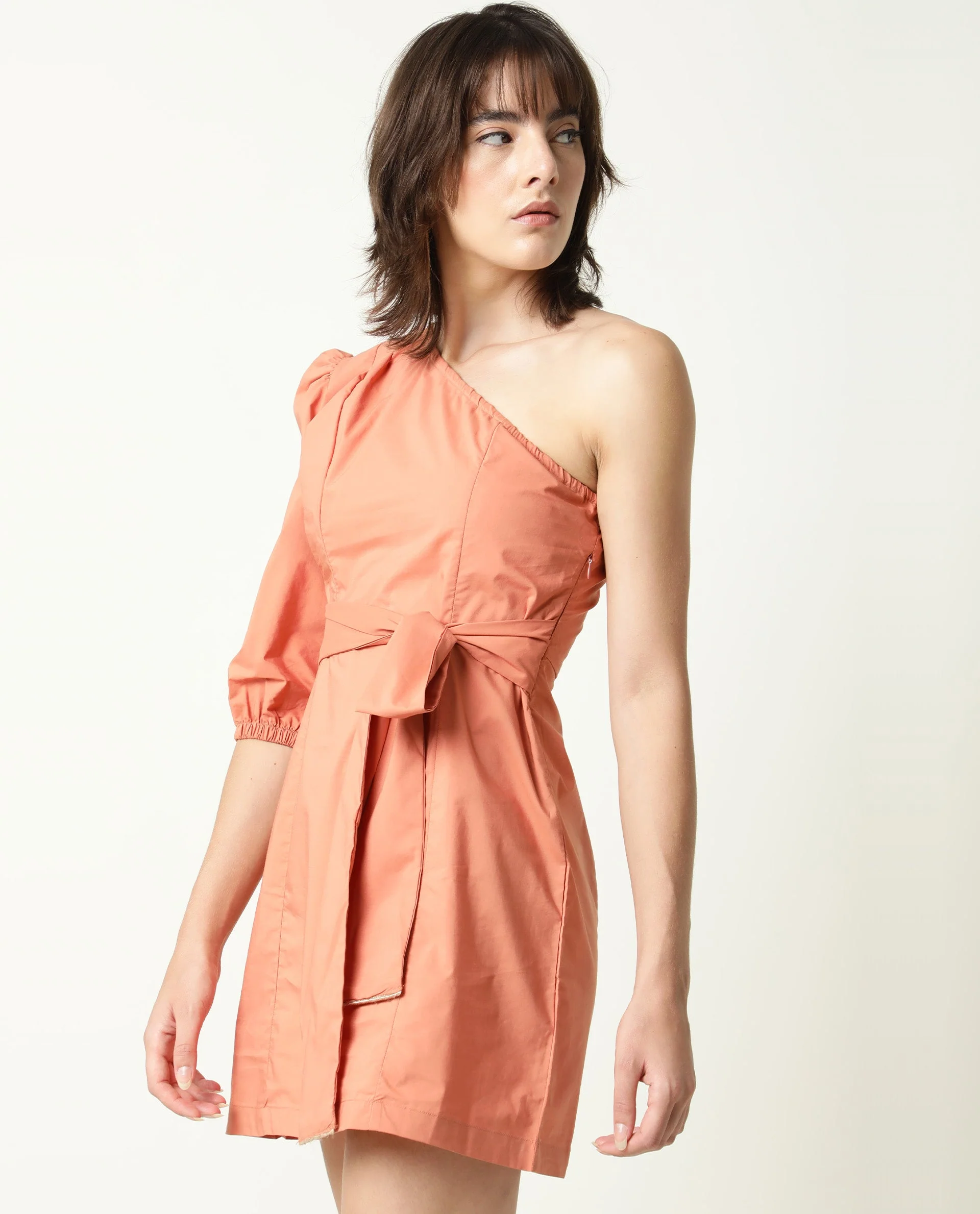 Rareism Women's Floris Peach Polyester Blend One Shoulder Plain Puff Sleeves Knee Length Slim Fit Dress - Image 7