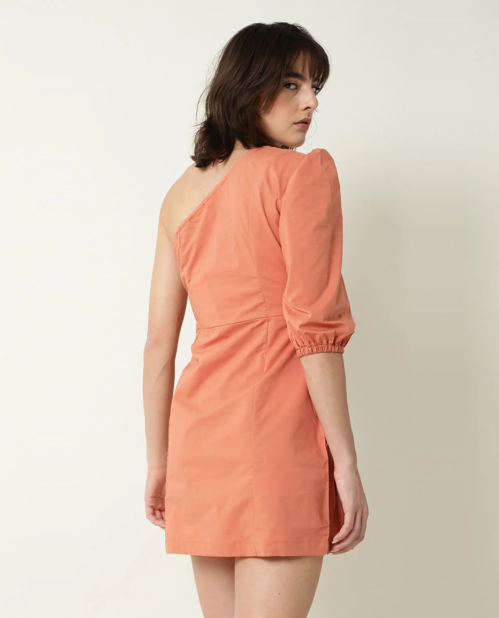 Rareism Women's Floris Peach Polyester Blend One Shoulder Plain Puff Sleeves Knee Length Slim Fit Dress - Image 8
