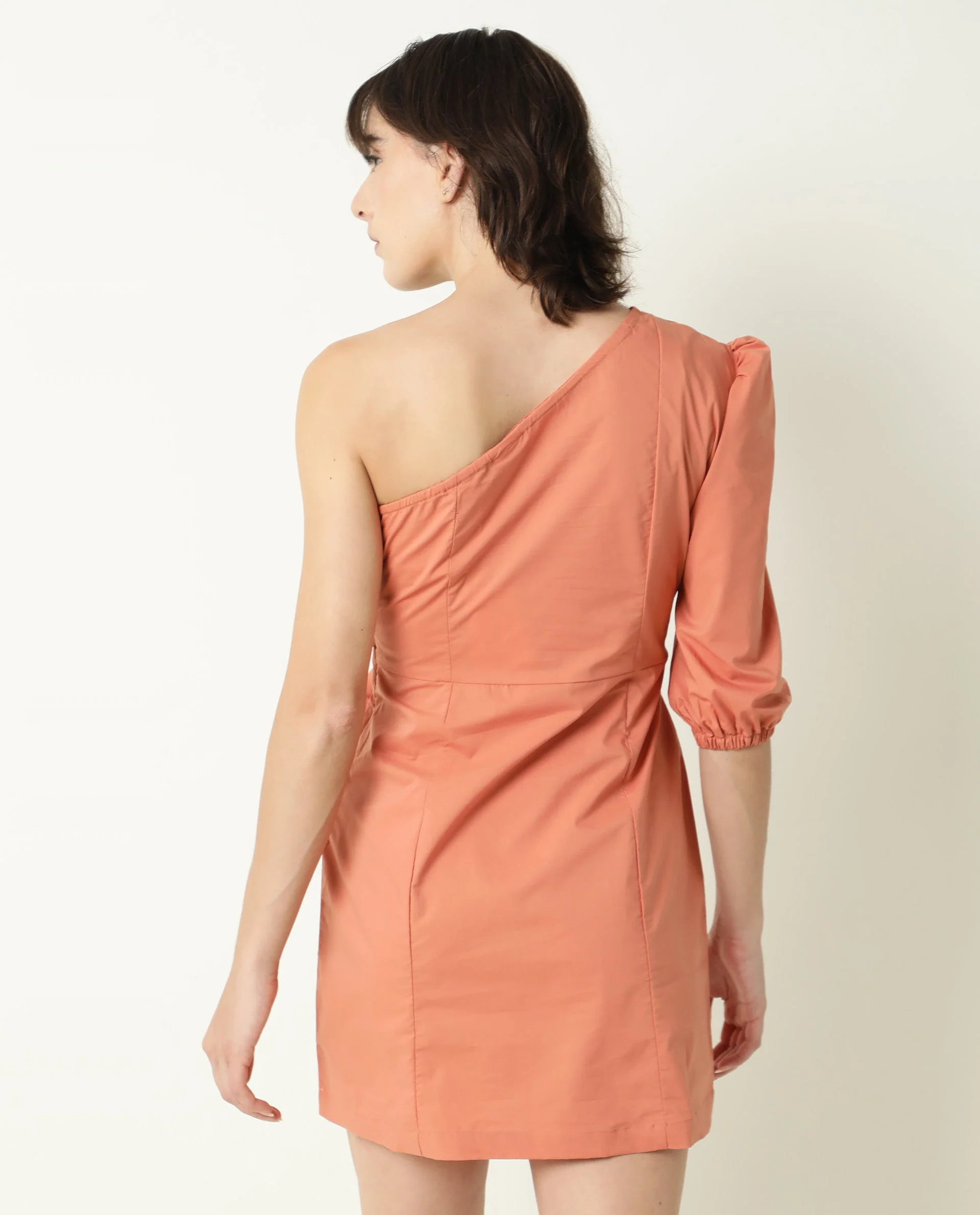 Rareism Women's Floris Peach Polyester Blend One Shoulder Plain Puff Sleeves Knee Length Slim Fit Dress - Image 9