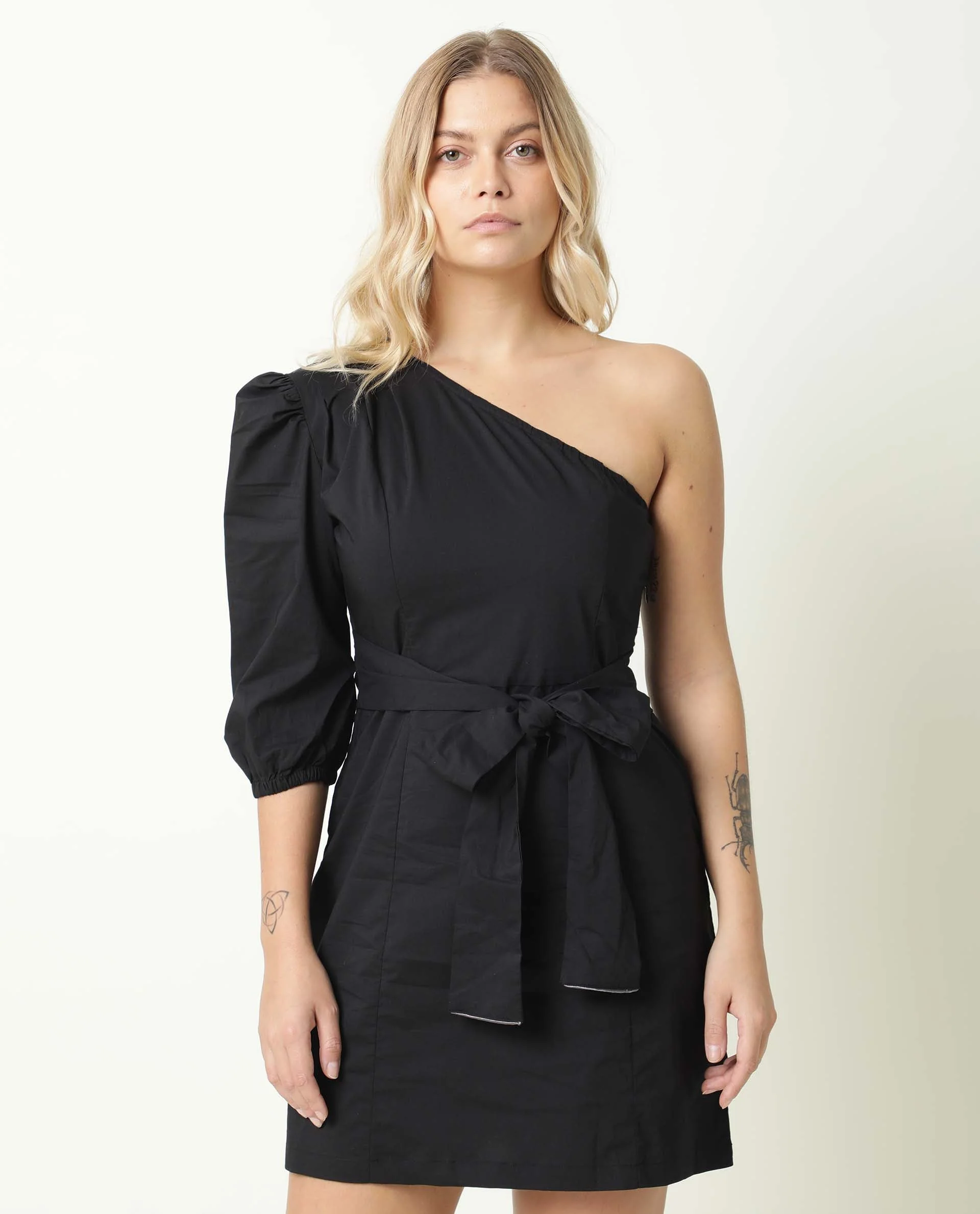 Rareism Women's Floris Black Polyester Blend One Shoulder Plain Puff Sleeves Knee Length Slim Fit Dress - Image 2