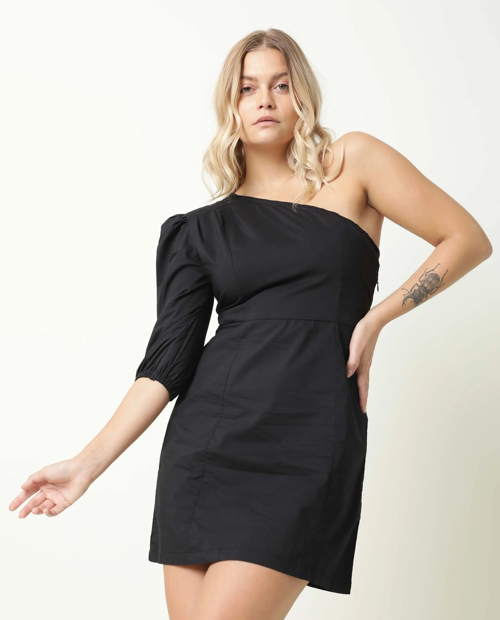 Rareism Women's Floris Black Polyester Blend One Shoulder Plain Puff Sleeves Knee Length Slim Fit Dress - Image 4