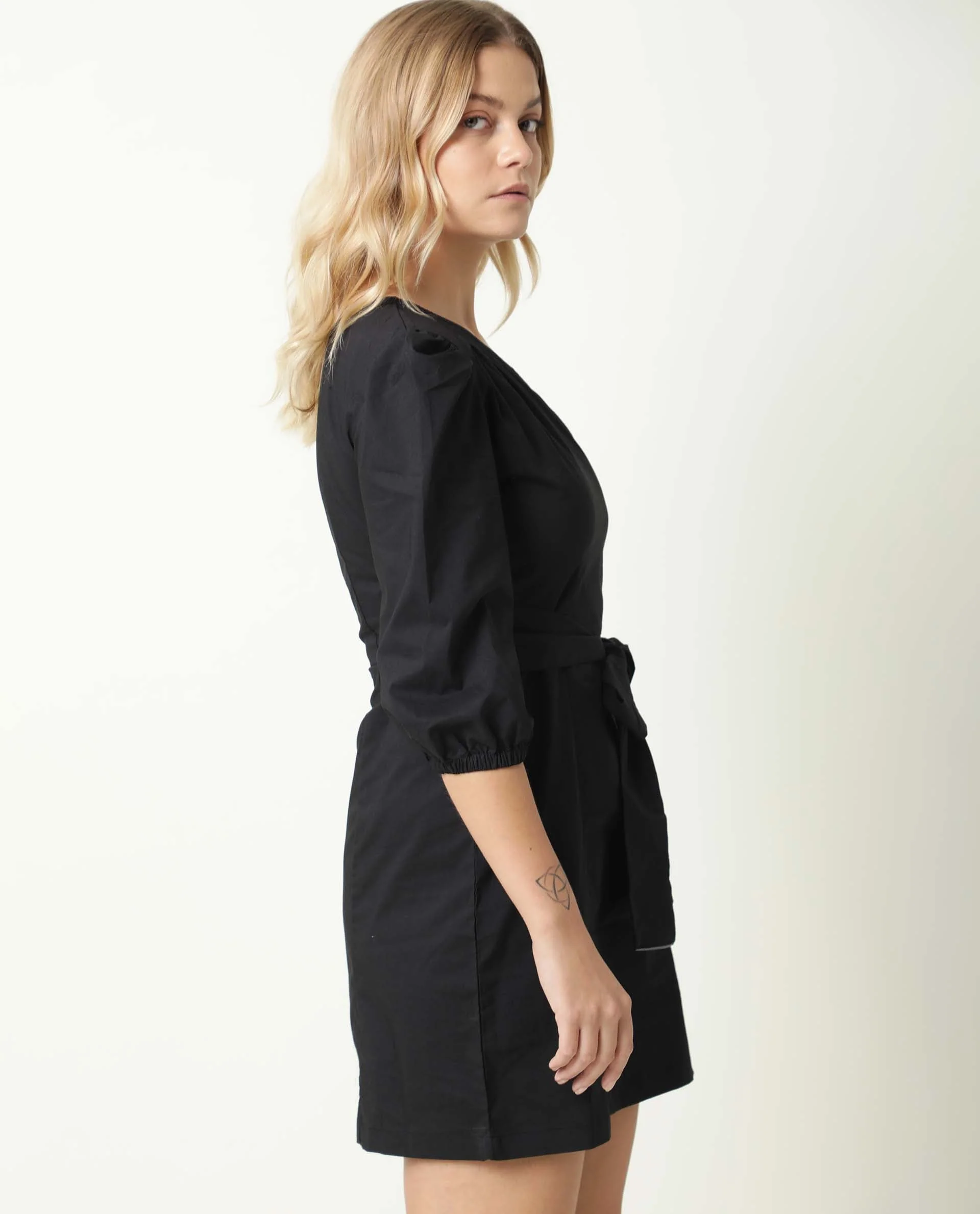 Rareism Women's Floris Black Polyester Blend One Shoulder Plain Puff Sleeves Knee Length Slim Fit Dress - Image 5