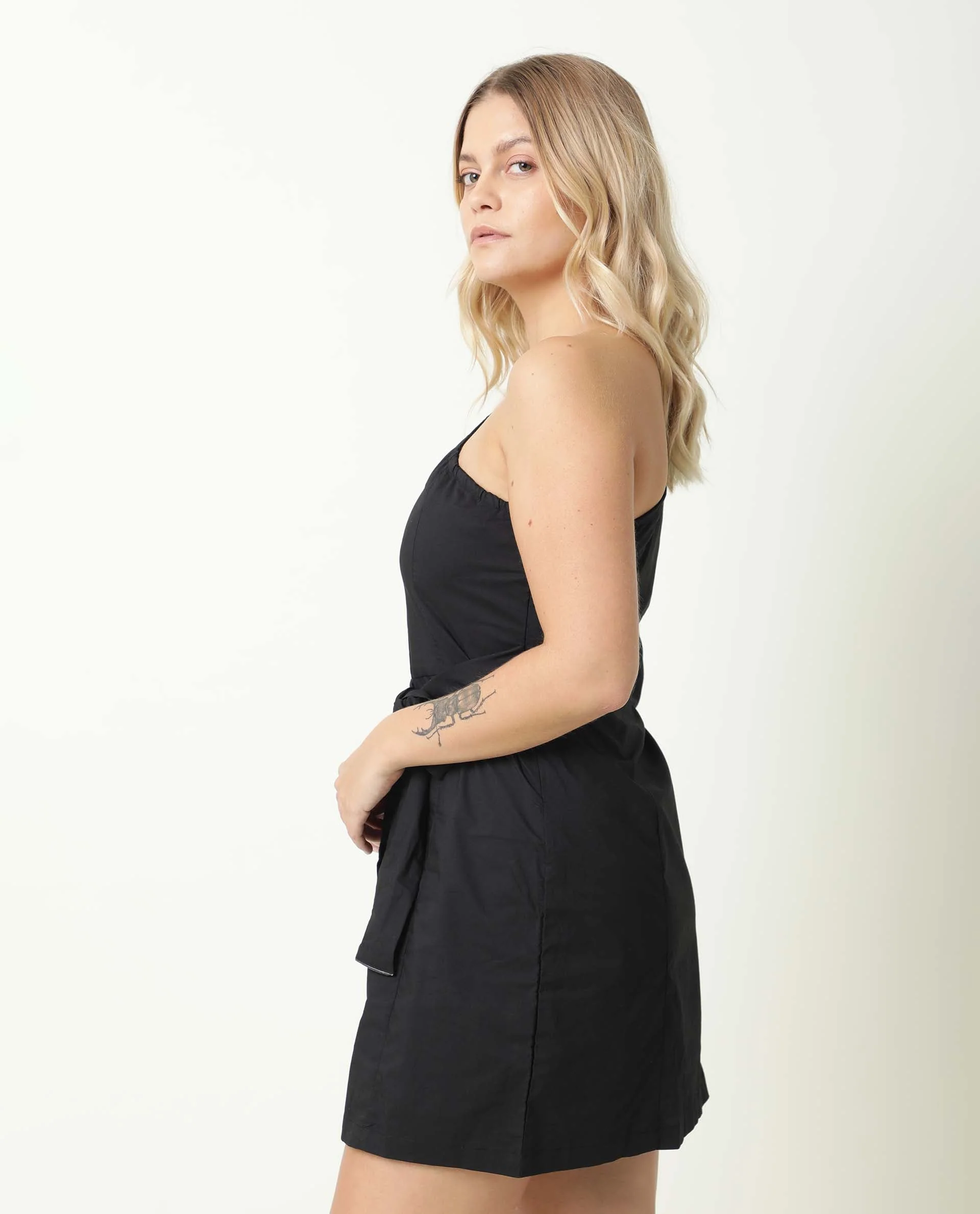 Rareism Women's Floris Black Polyester Blend One Shoulder Plain Puff Sleeves Knee Length Slim Fit Dress - Image 6
