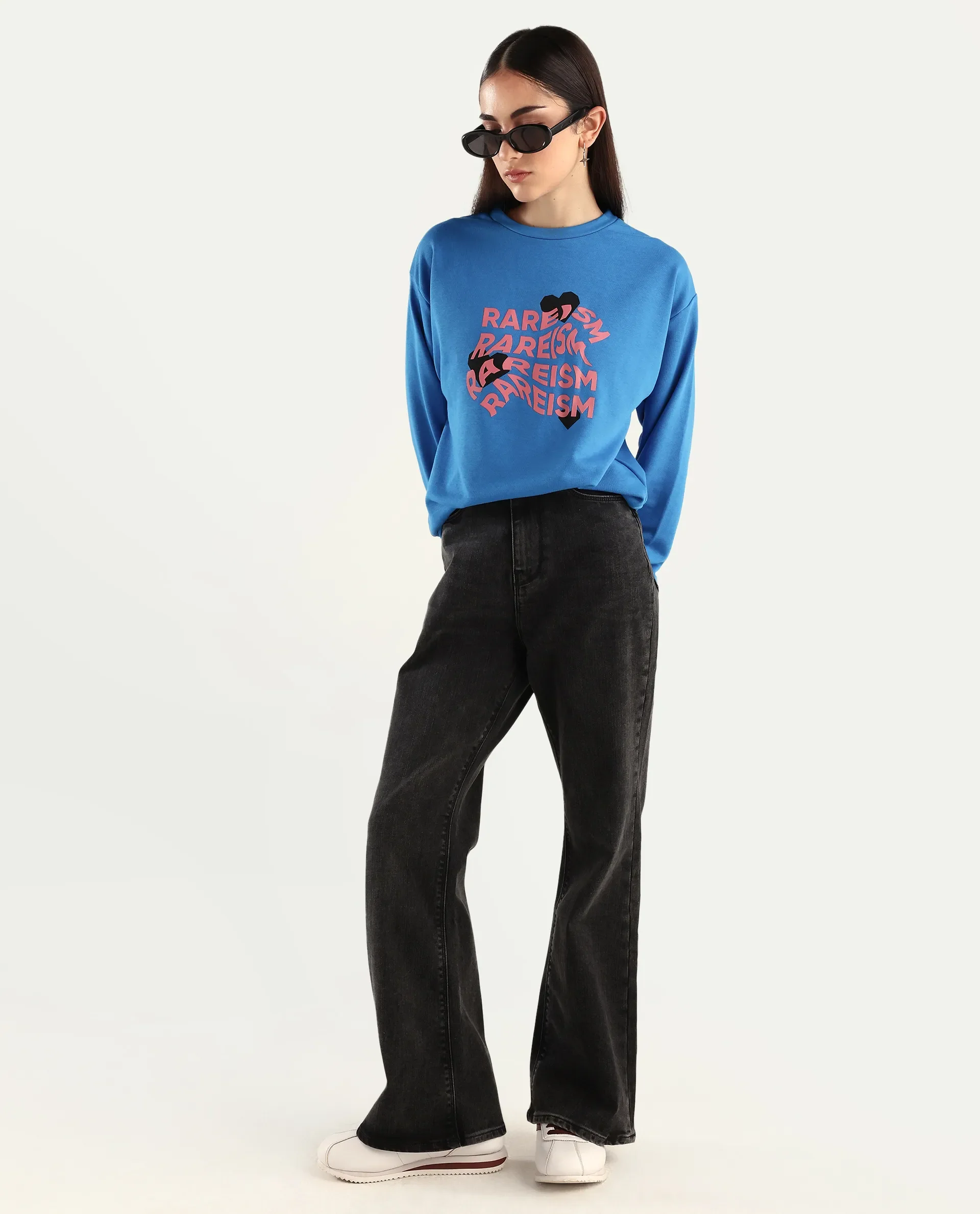 Rareism Women's Flowe Blue Cotton Blend Crew Neck Graphic Print Regular Fit Sweatshirt - Image 2