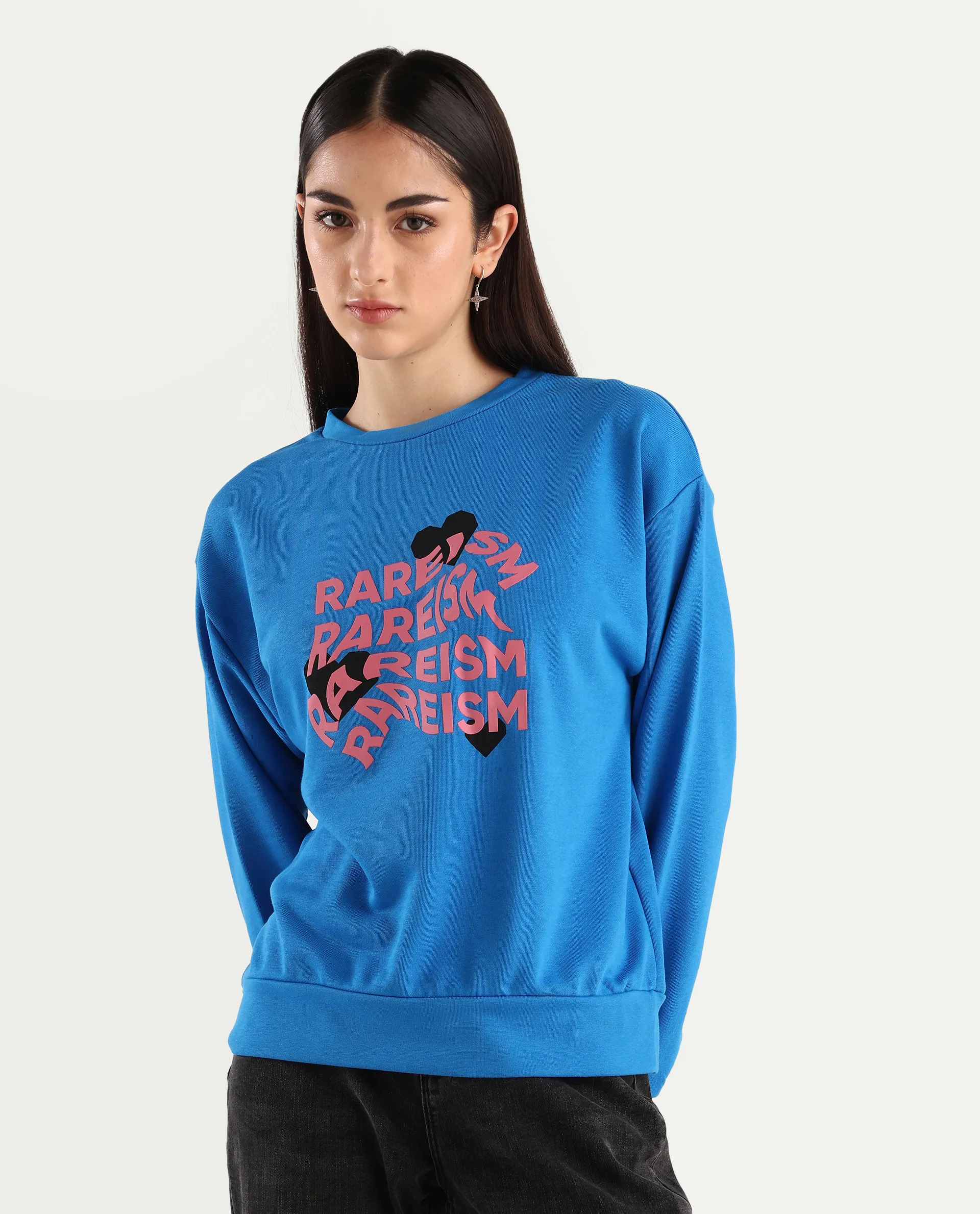 Rareism Women's Flowe Blue Cotton Blend Crew Neck Graphic Print Regular Fit Sweatshirt - Image 3