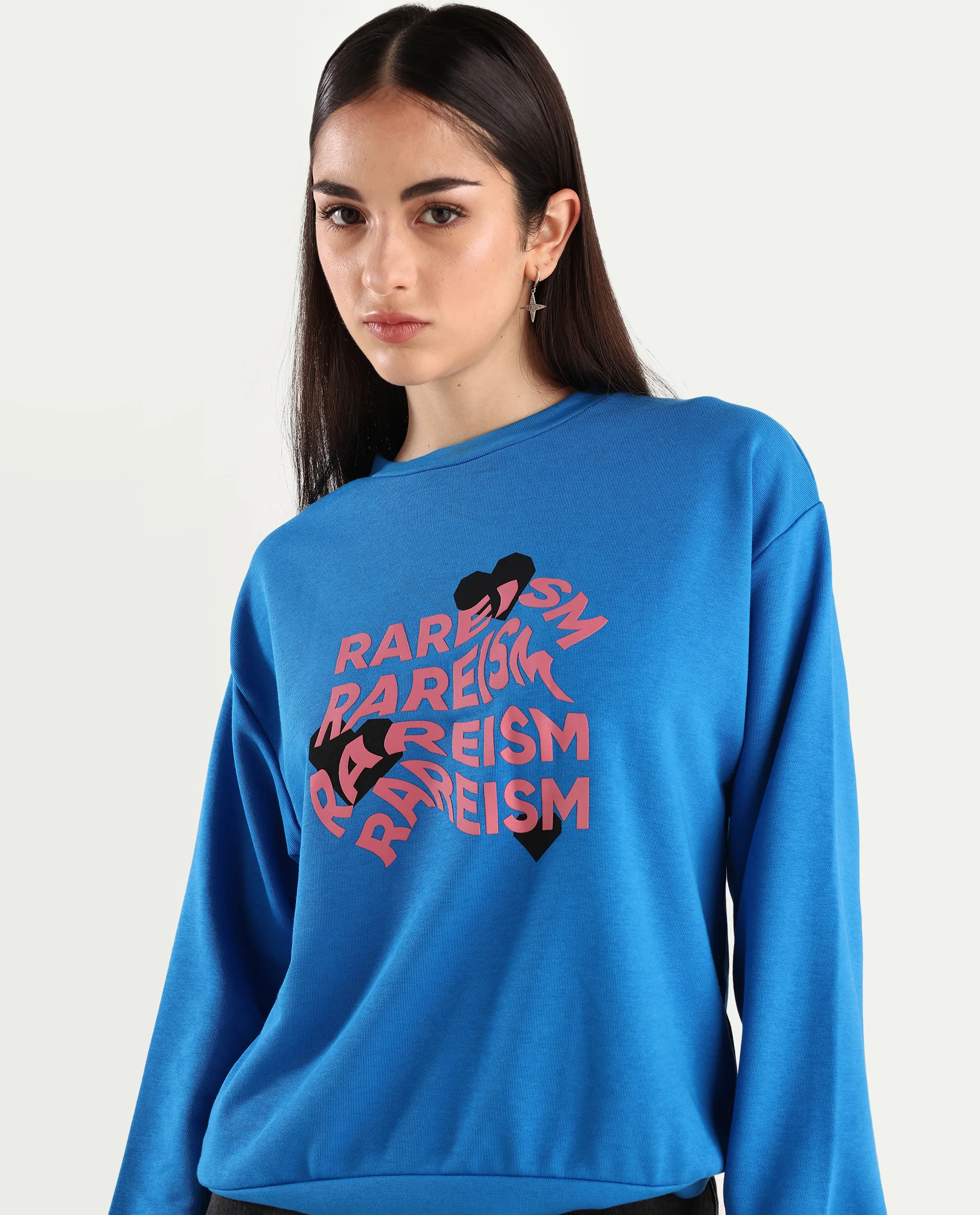Rareism Women's Flowe Blue Cotton Blend Crew Neck Graphic Print Regular Fit Sweatshirt - Image 4