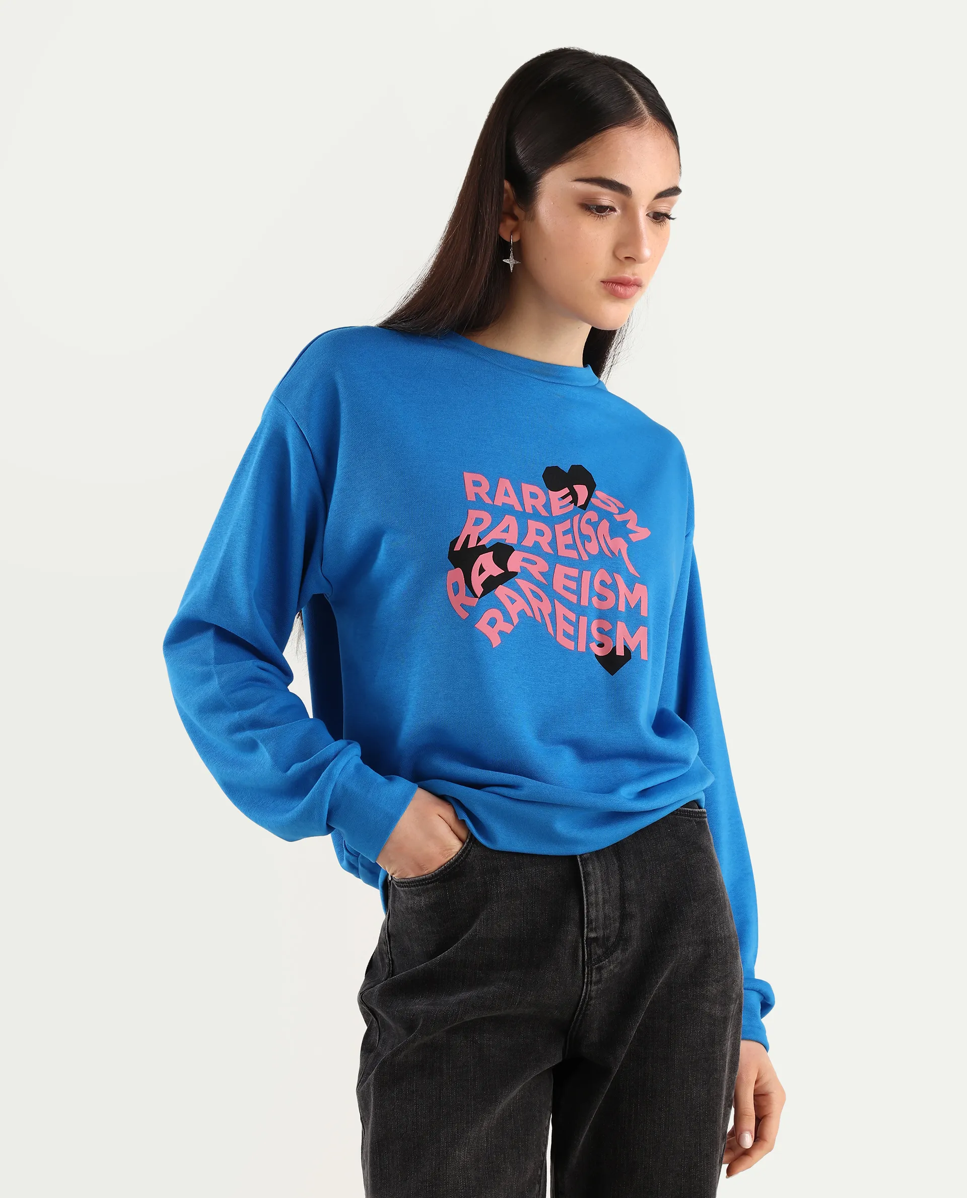 Rareism Women's Flowe Blue Cotton Blend Crew Neck Graphic Print Regular Fit Sweatshirt - Image 5