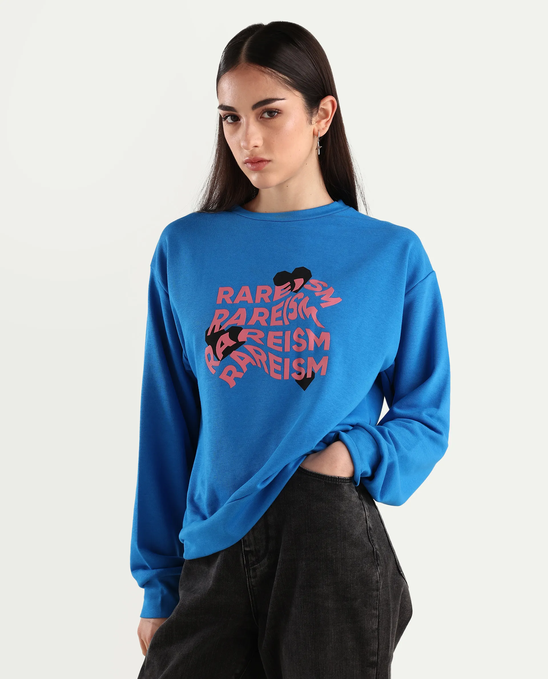 Rareism Women's Flowe Blue Cotton Blend Crew Neck Graphic Print Regular Fit Sweatshirt - Image 6