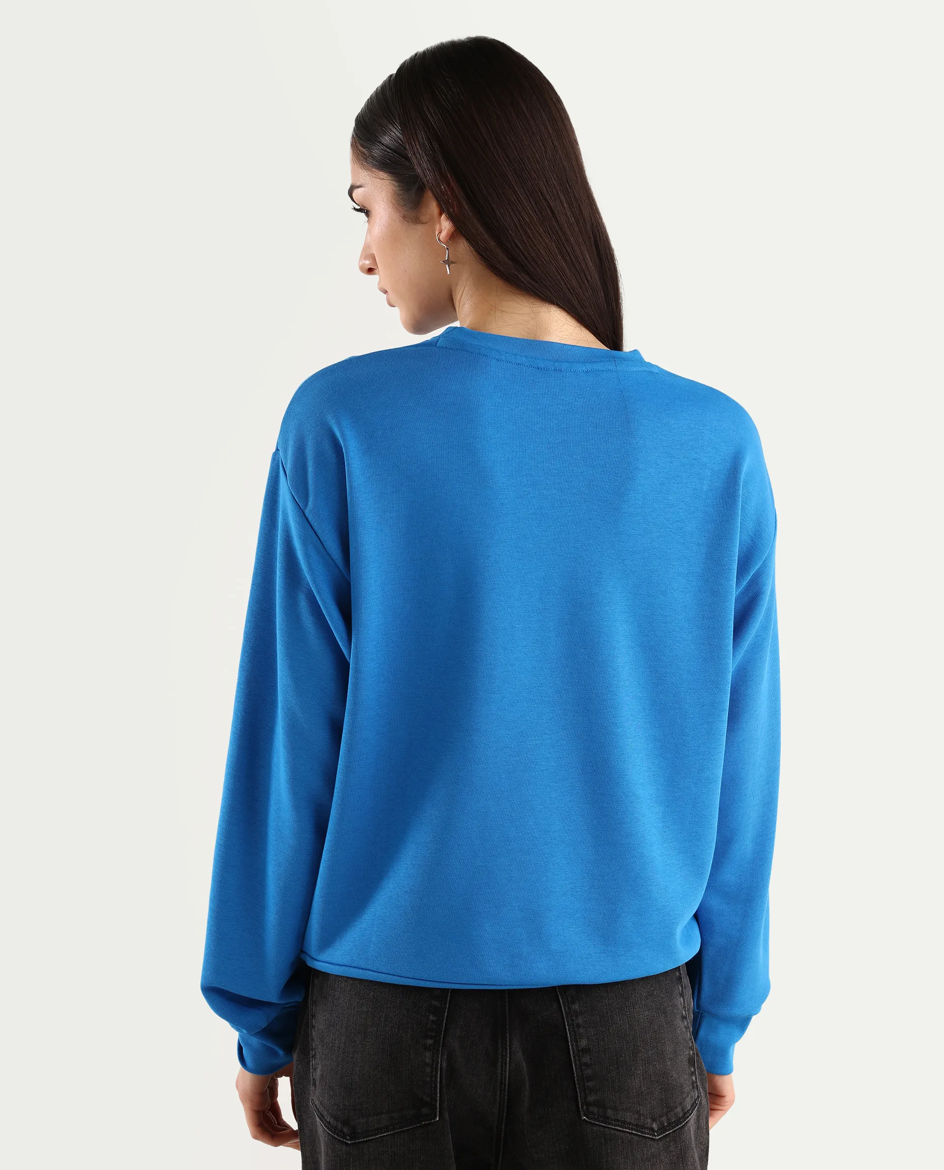 Rareism Women's Flowe Blue Cotton Blend Crew Neck Graphic Print Regular Fit Sweatshirt - Image 7
