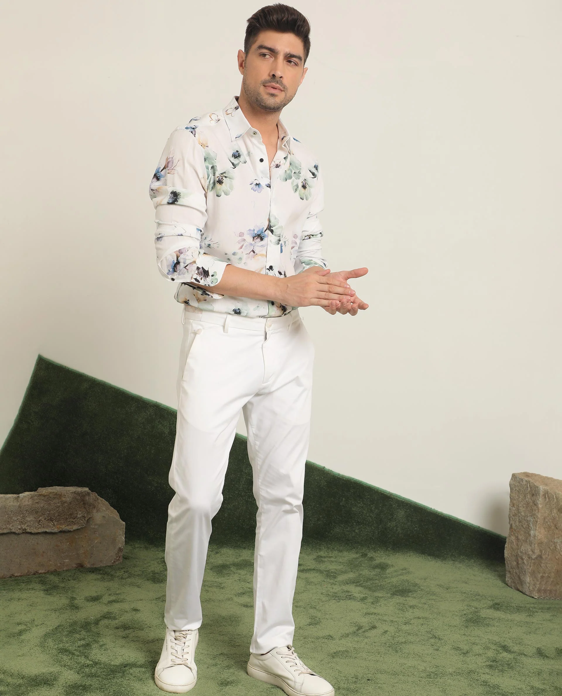 Rare Rabbit Men's Flowey White Viscose Floral Print Regular Fit Full Sleeve Collared Shirt - Image 2