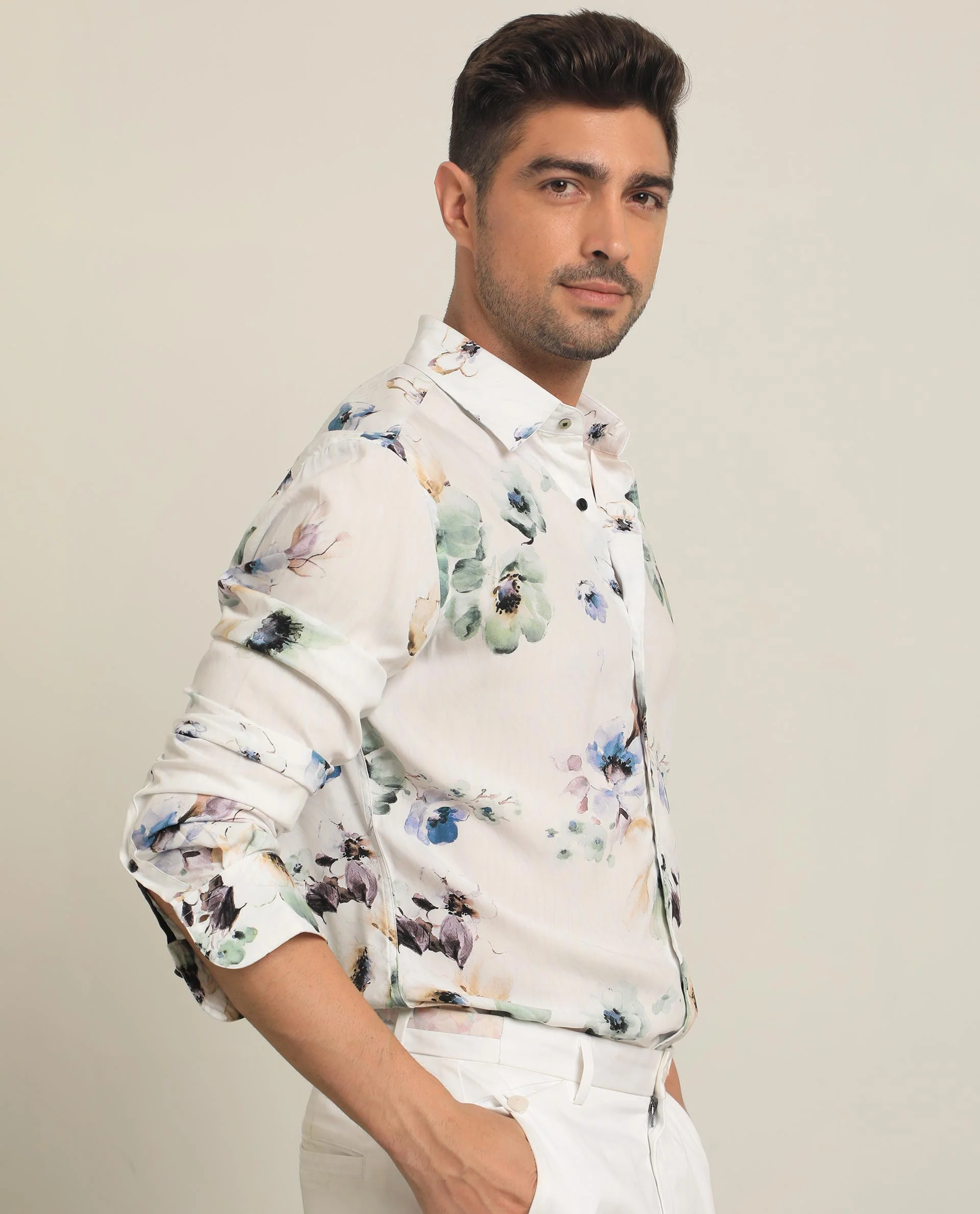 Rare Rabbit Men's Flowey White Viscose Floral Print Regular Fit Full Sleeve Collared Shirt - Image 3