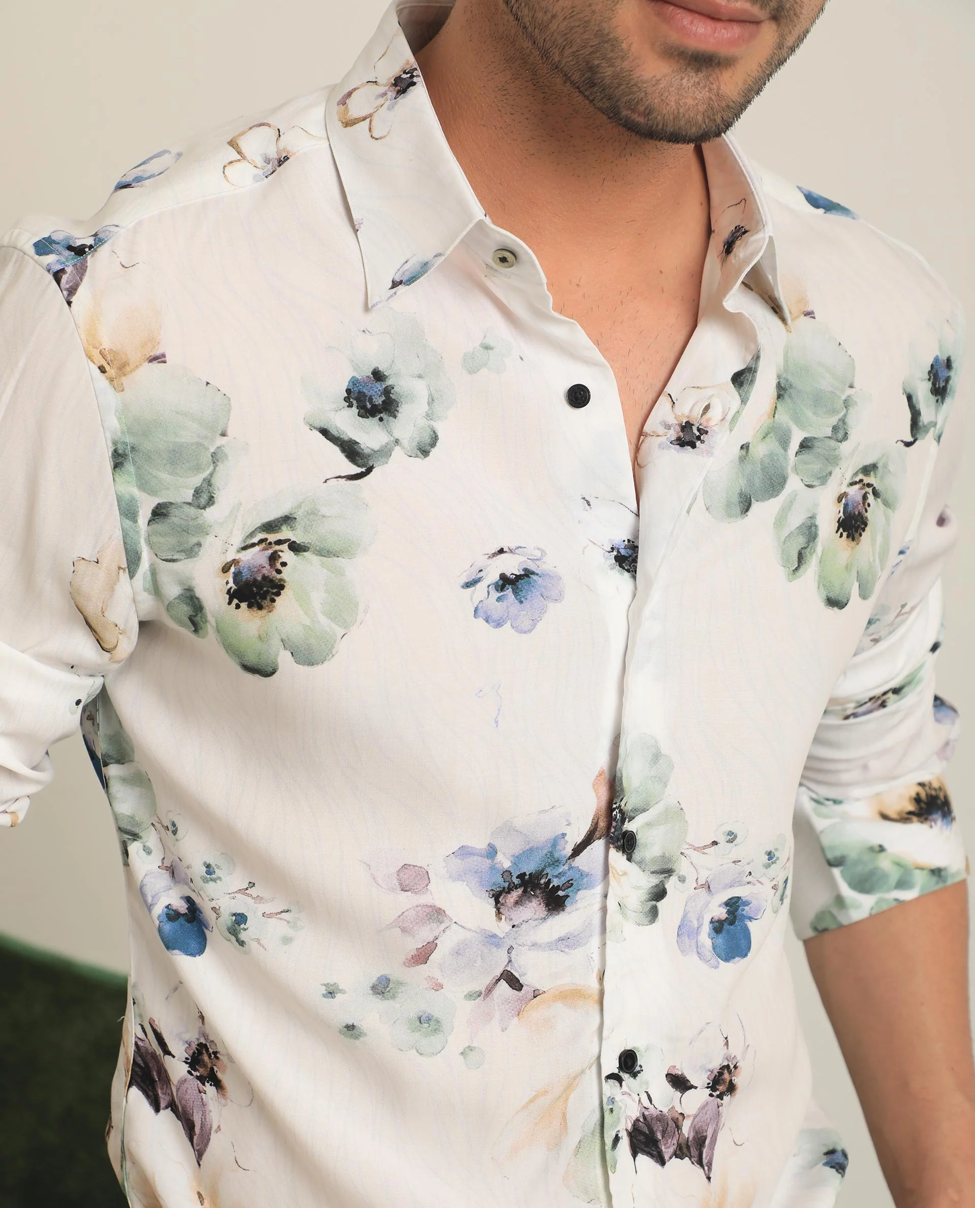 Rare Rabbit Men's Flowey White Viscose Floral Print Regular Fit Full Sleeve Collared Shirt - Image 4