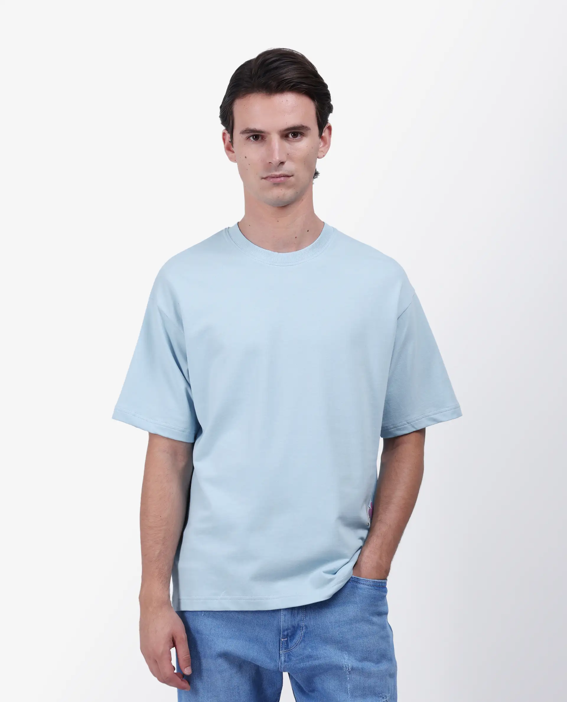 Rare Rabbit Men's Fluen Light Blue Cotton Graphic Print Oversized Fit Half Sleeve Crew Neck T-Shirt - Image 3