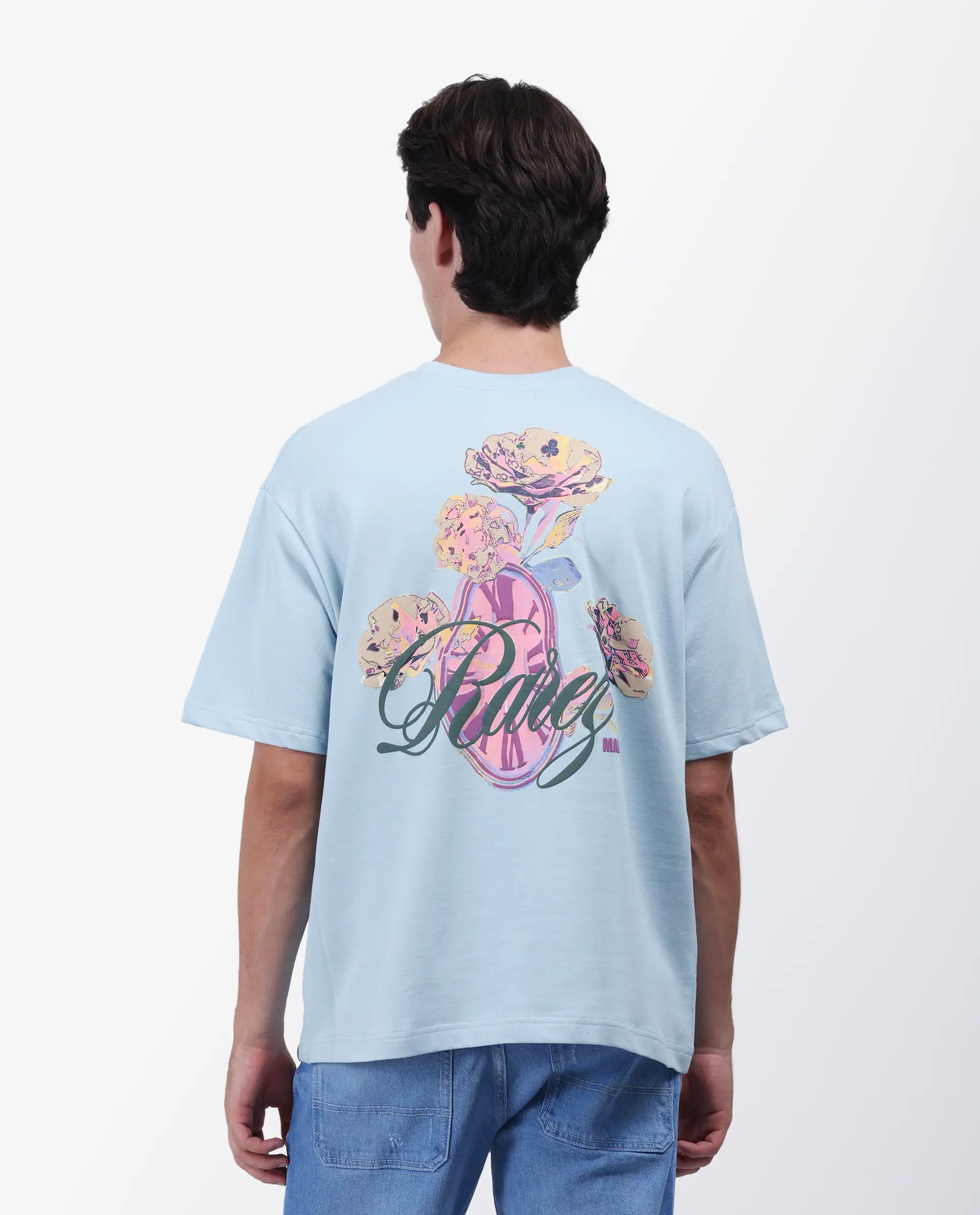 Rare Rabbit Men's Fluen Light Blue Cotton Graphic Print Oversized Fit Half Sleeve Crew Neck T-Shirt - Image 4