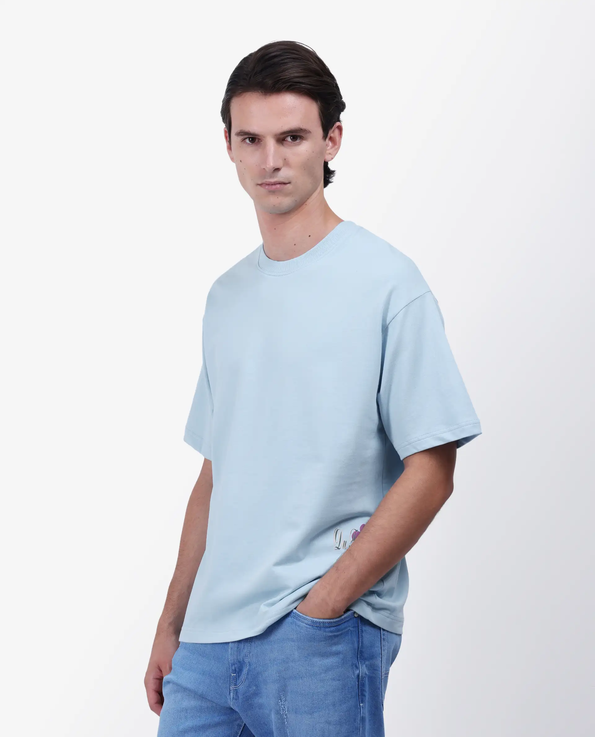 Rare Rabbit Men's Fluen Light Blue Cotton Graphic Print Oversized Fit Half Sleeve Crew Neck T-Shirt - Image 5