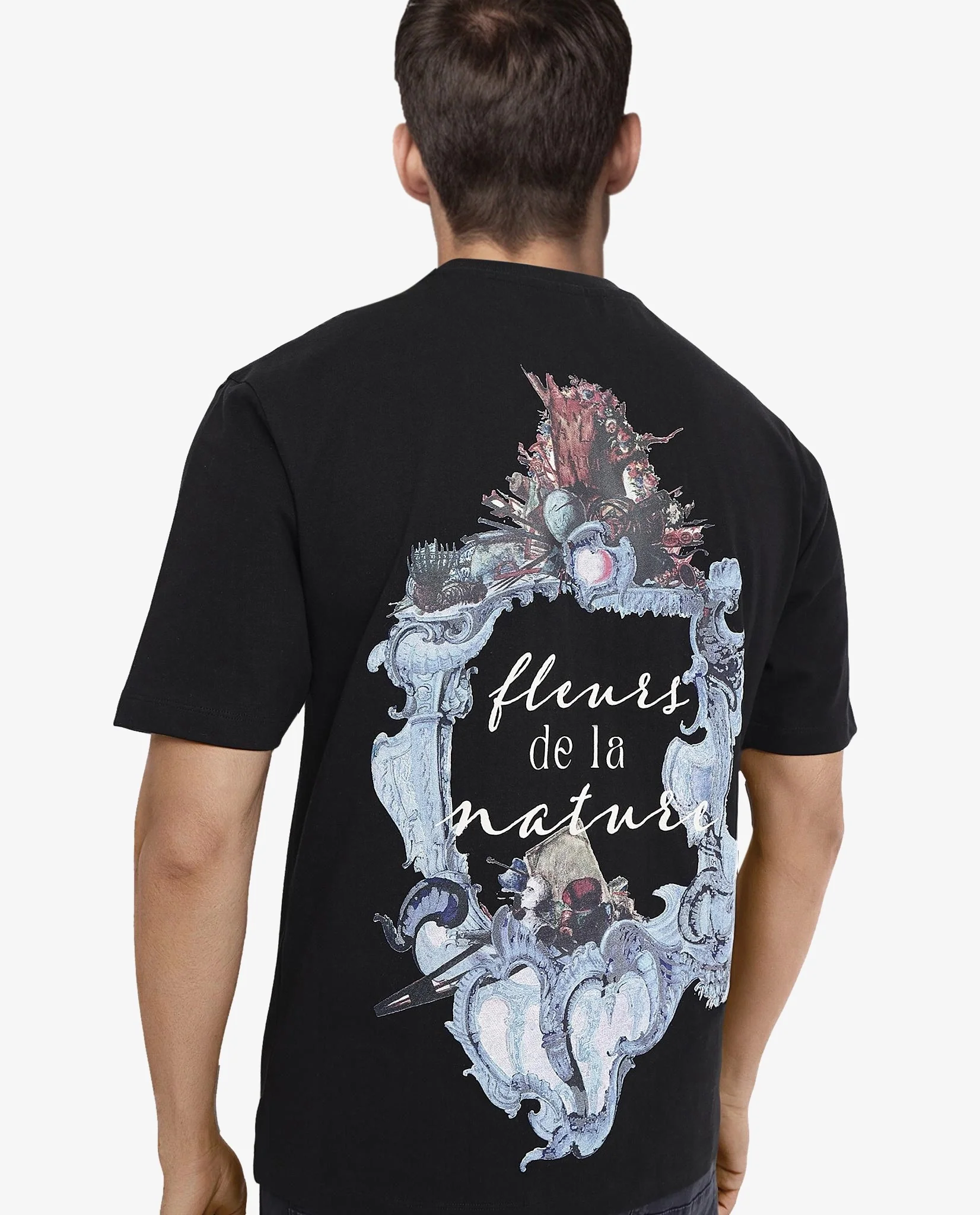 Rare Rabbit Men's Fluers Black Cotton Graphic Print Oversized Fit Half Sleeve Crew Neck T-Shirt - Image 5