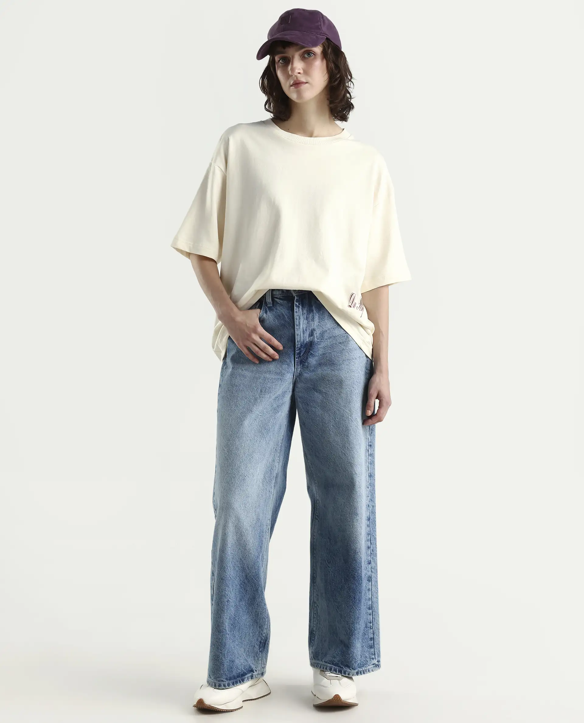 Rareism Women's Fluers Beige Viscose Blend Crew Neck Graphic Print Oversized T-Shirt Oversize - Image 2