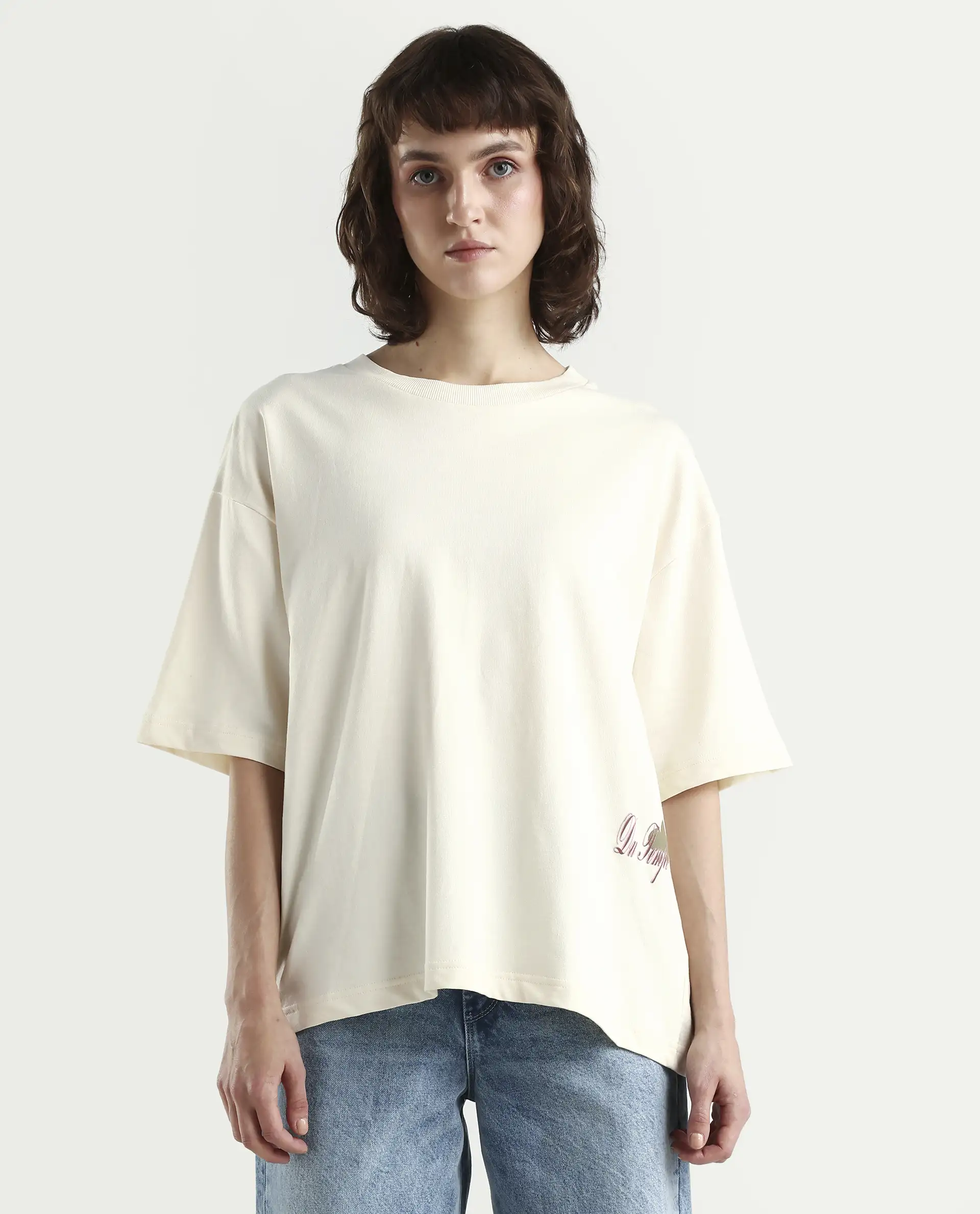 Rareism Women's Fluers Beige Viscose Blend Crew Neck Graphic Print Oversized T-Shirt Oversize - Image 3