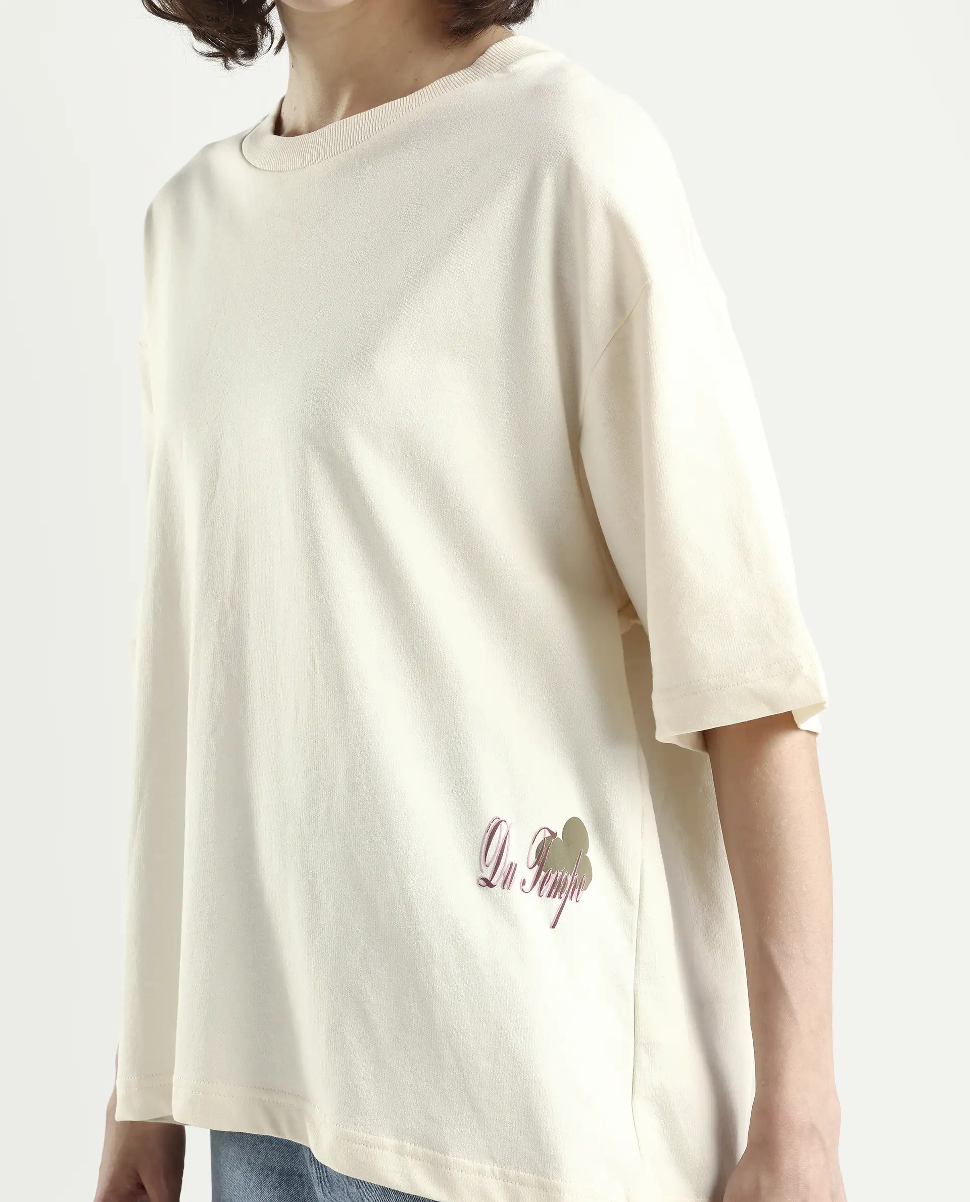 Rareism Women's Fluers Beige Viscose Blend Crew Neck Graphic Print Oversized T-Shirt Oversize - Image 4