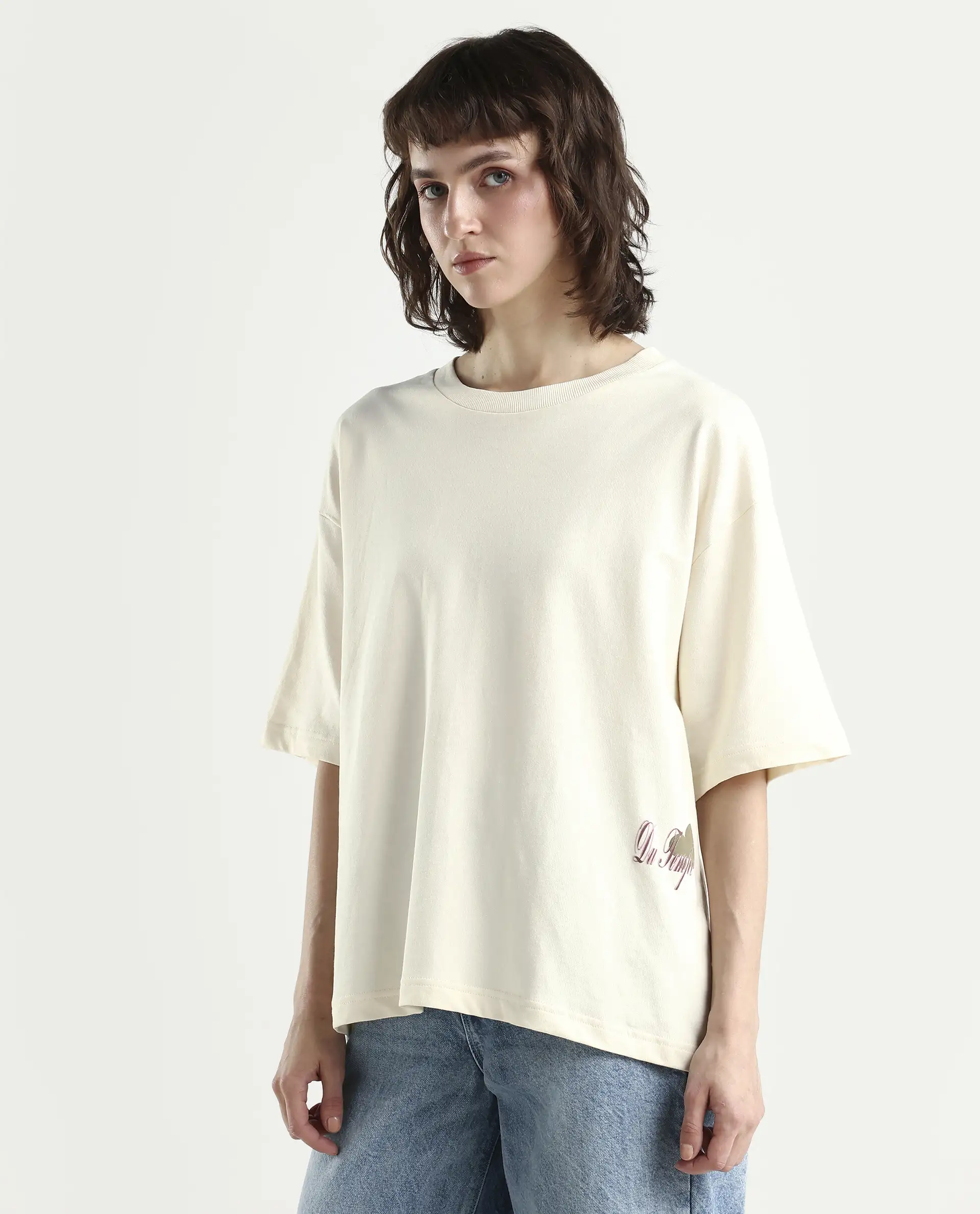 Rareism Women's Fluers Beige Viscose Blend Crew Neck Graphic Print Oversized T-Shirt Oversize - Image 5