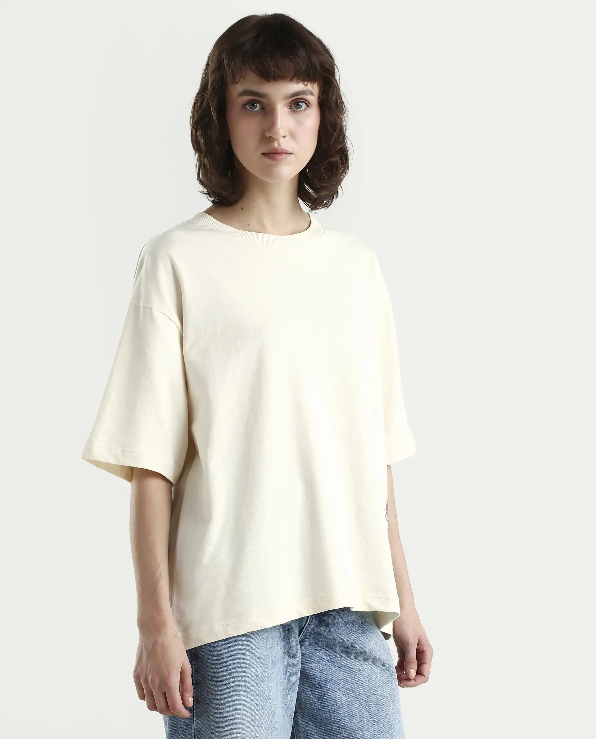 Rareism Women's Fluers Beige Viscose Blend Crew Neck Graphic Print Oversized T-Shirt Oversize - Image 6