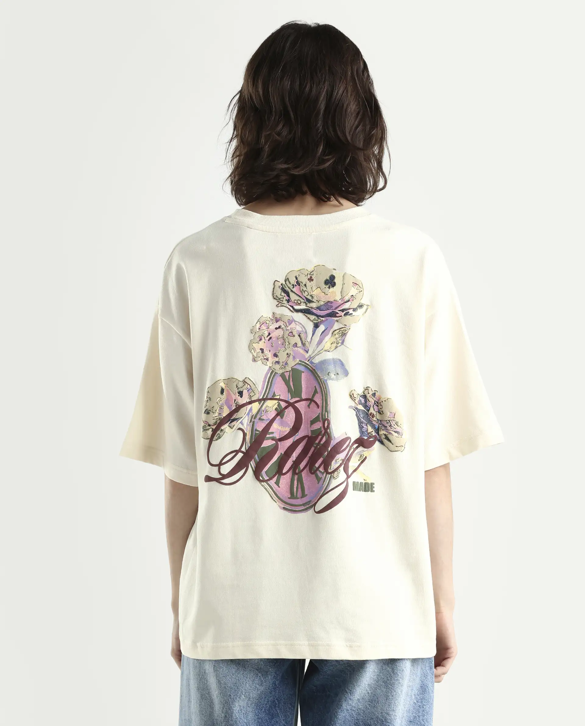Rareism Women's Fluers Beige Viscose Blend Crew Neck Graphic Print Oversized T-Shirt Oversize - Image 7