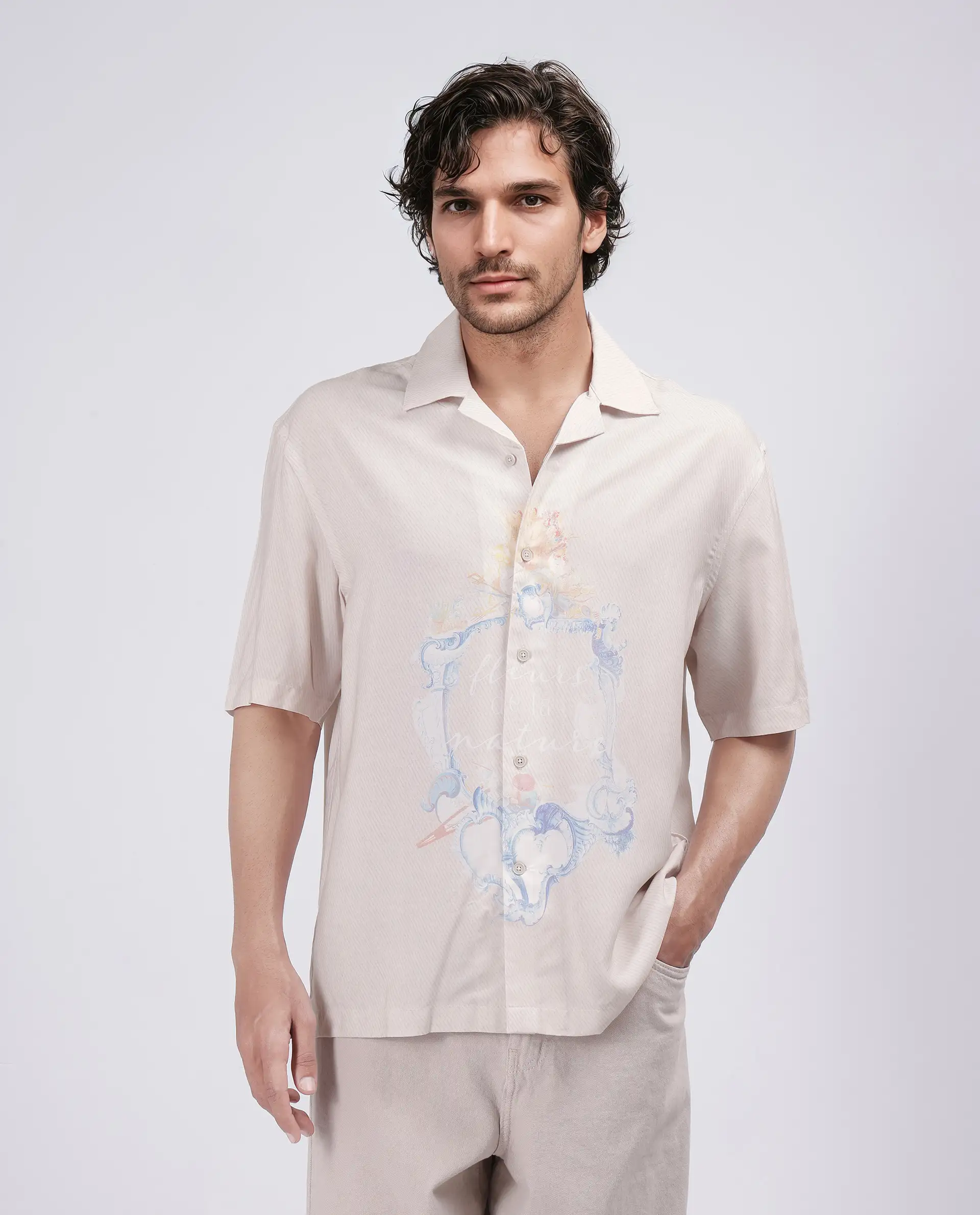 Rare Rabbit Men's Fluerst Beige Cotton Abstract Print Boxy Fit Half Sleeve Cuban Collar Shirt - Image 2