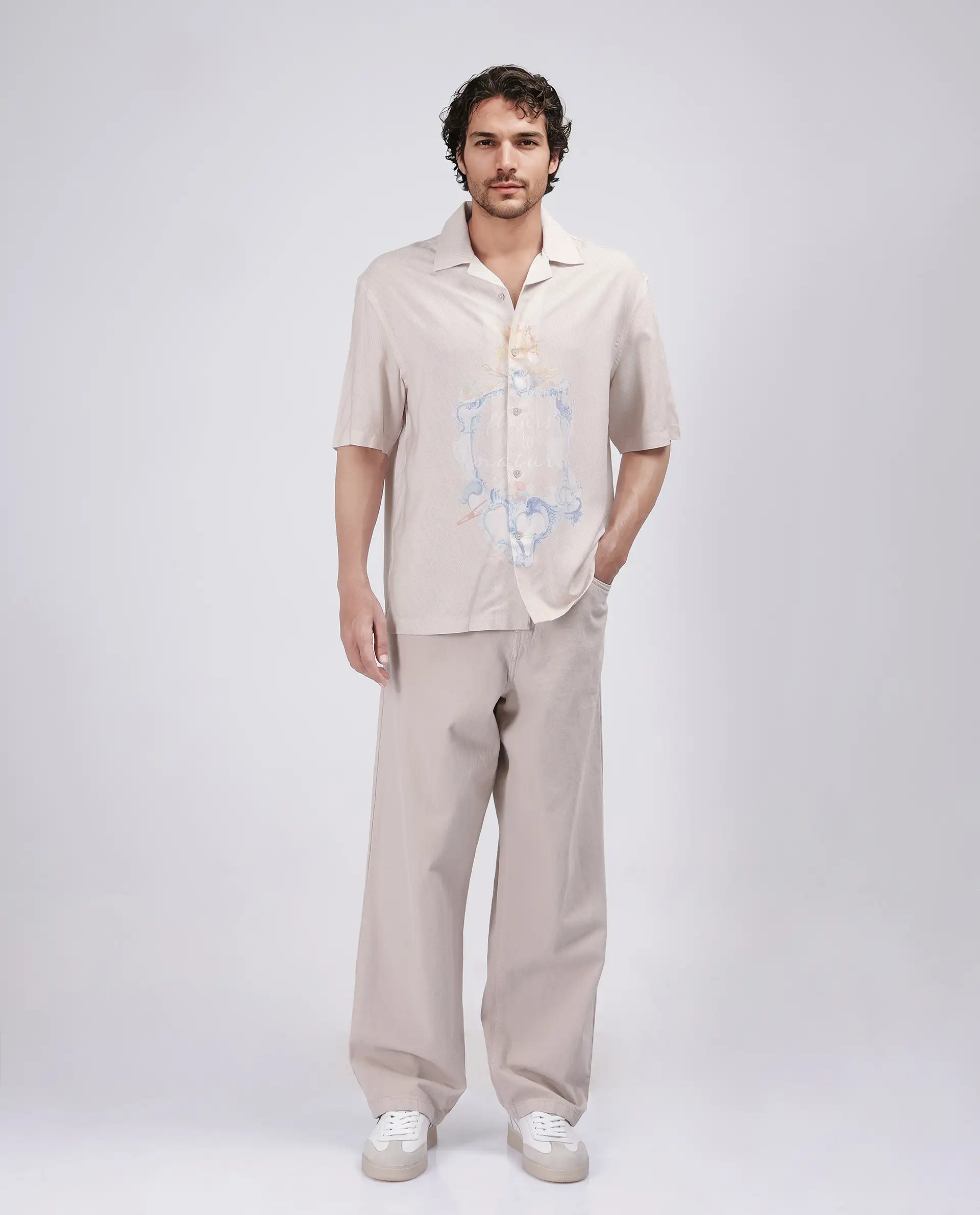 Rare Rabbit Men's Fluerst Beige Cotton Abstract Print Boxy Fit Half Sleeve Cuban Collar Shirt - Image 3