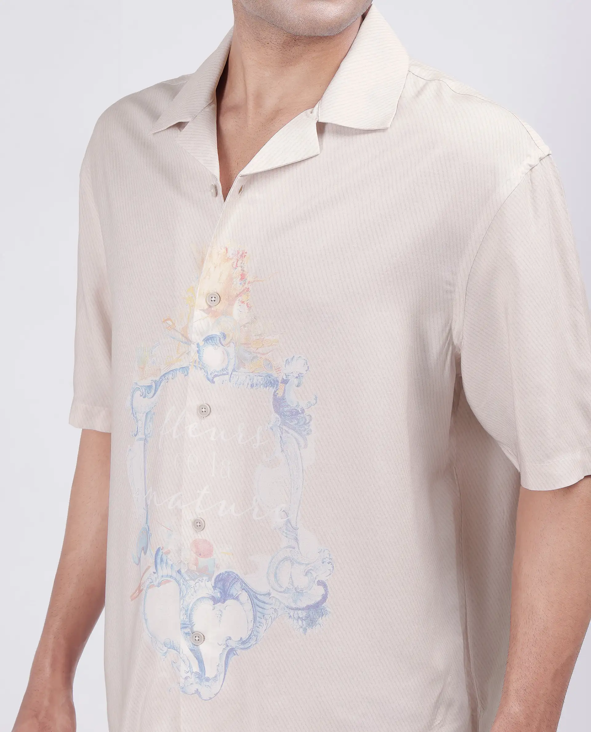 Rare Rabbit Men's Fluerst Beige Cotton Abstract Print Boxy Fit Half Sleeve Cuban Collar Shirt - Image 4