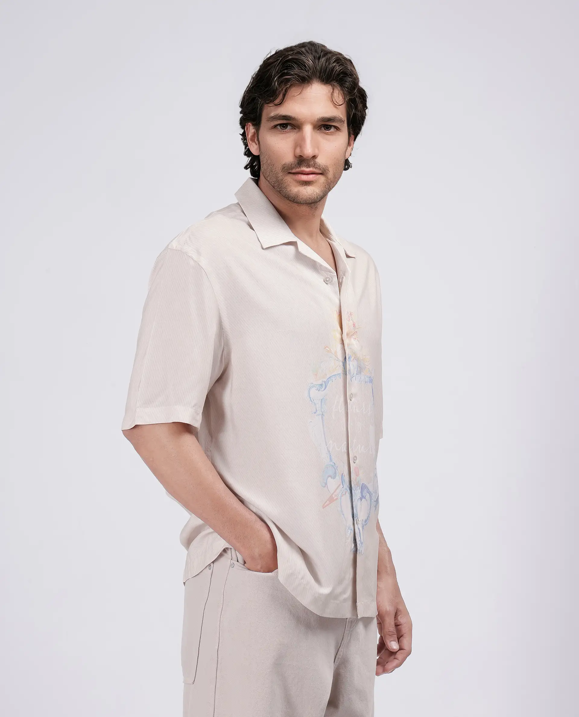 Rare Rabbit Men's Fluerst Beige Cotton Abstract Print Boxy Fit Half Sleeve Cuban Collar Shirt - Image 5
