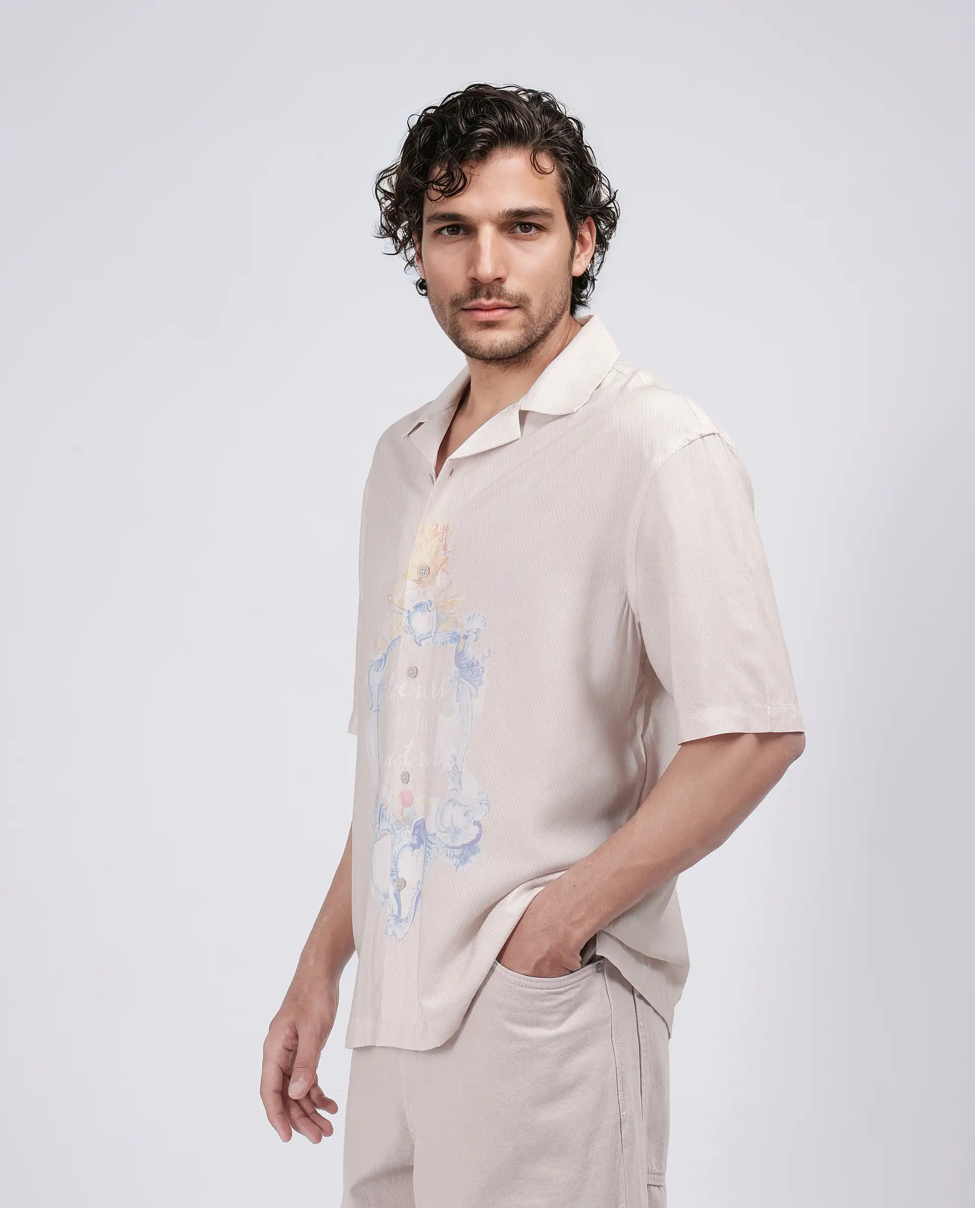 Rare Rabbit Men's Fluerst Beige Cotton Abstract Print Boxy Fit Half Sleeve Cuban Collar Shirt - Image 8