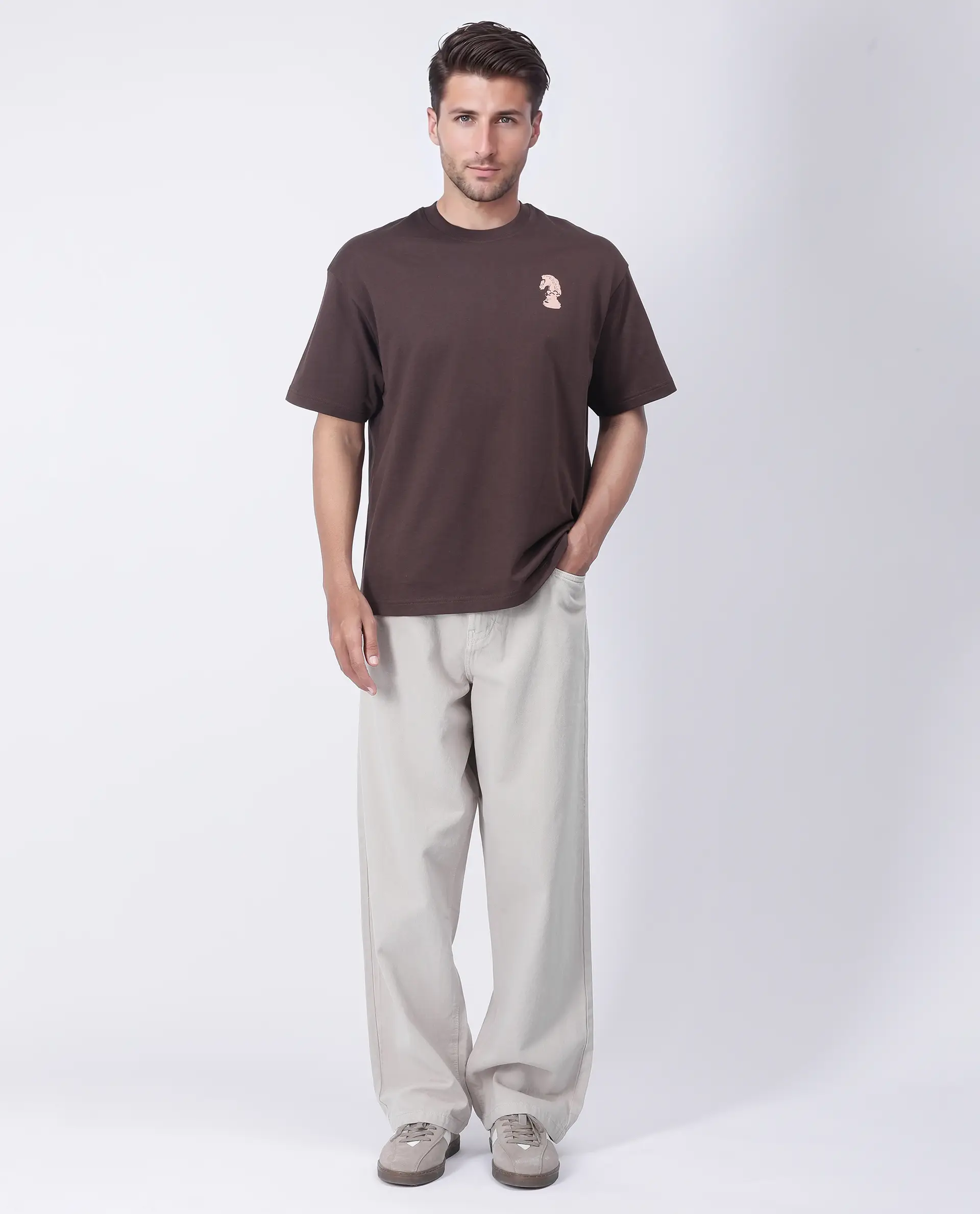 Rare Rabbit Men's Fluen Brown Cotton Graphic Print Oversized Fit Half Sleeve Crew Neck T-Shirt - Image 2