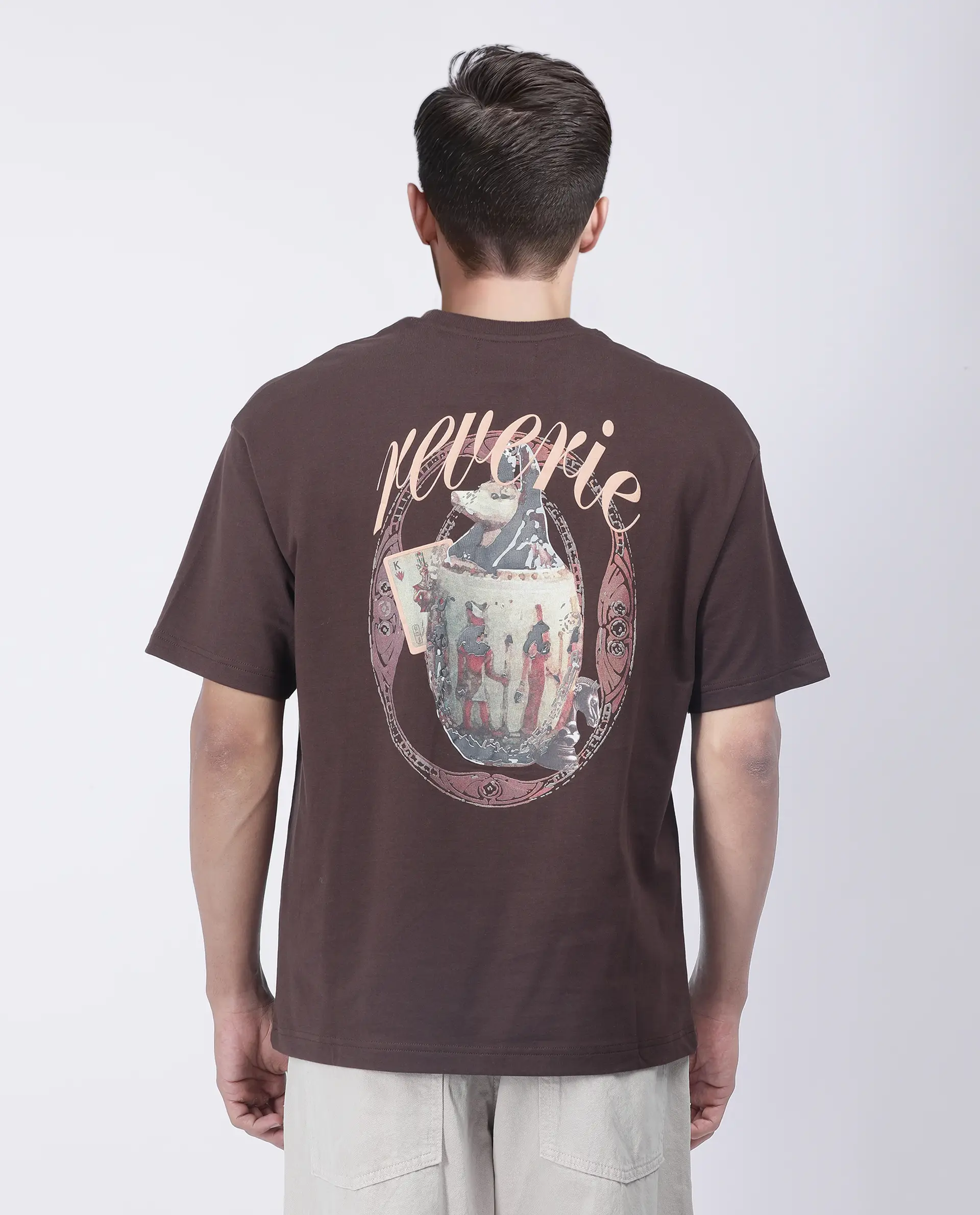 Rare Rabbit Men's Fluen Brown Cotton Graphic Print Oversized Fit Half Sleeve Crew Neck T-Shirt - Image 3