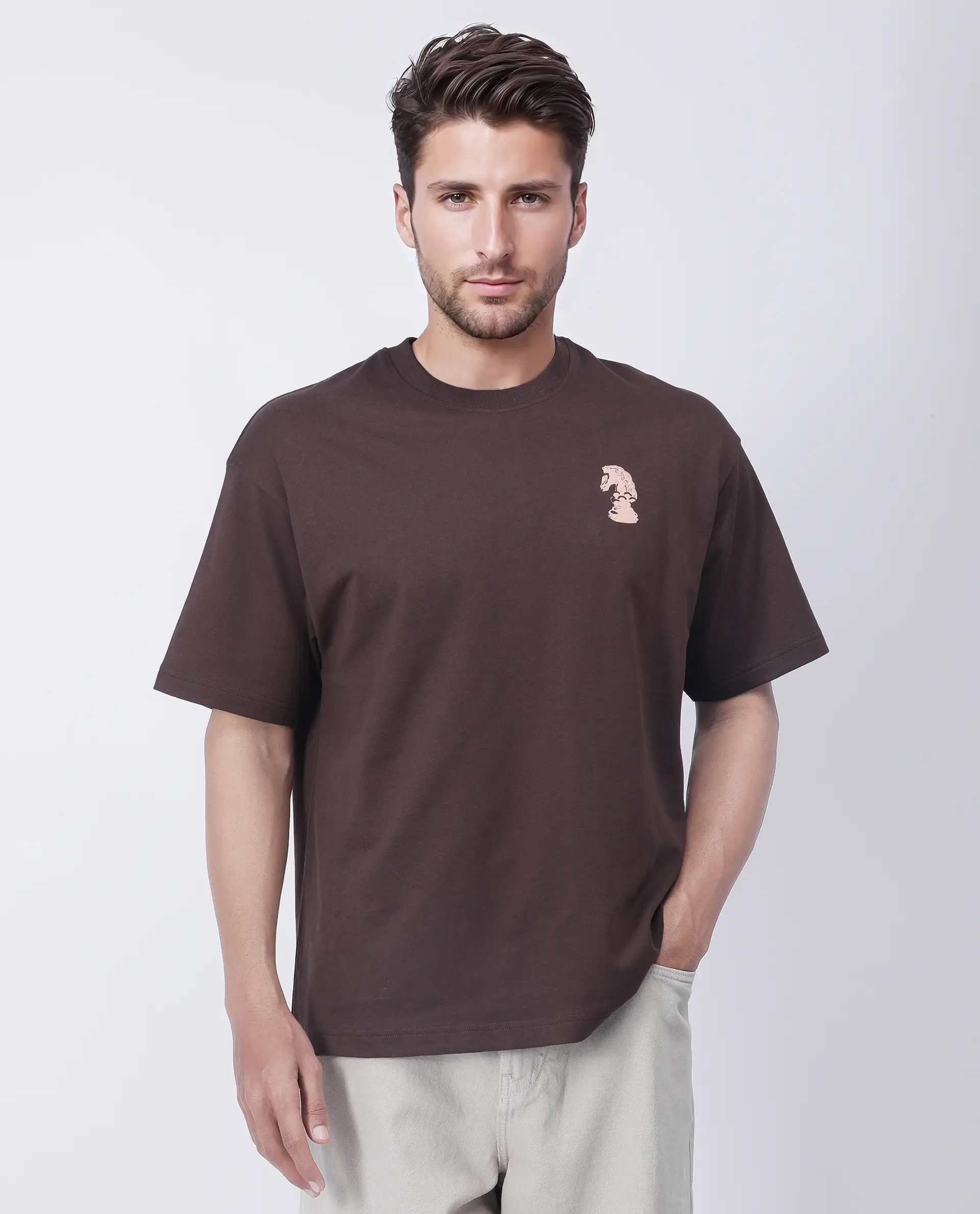 Rare Rabbit Men's Fluen Brown Cotton Graphic Print Oversized Fit Half Sleeve Crew Neck T-Shirt - Image 6
