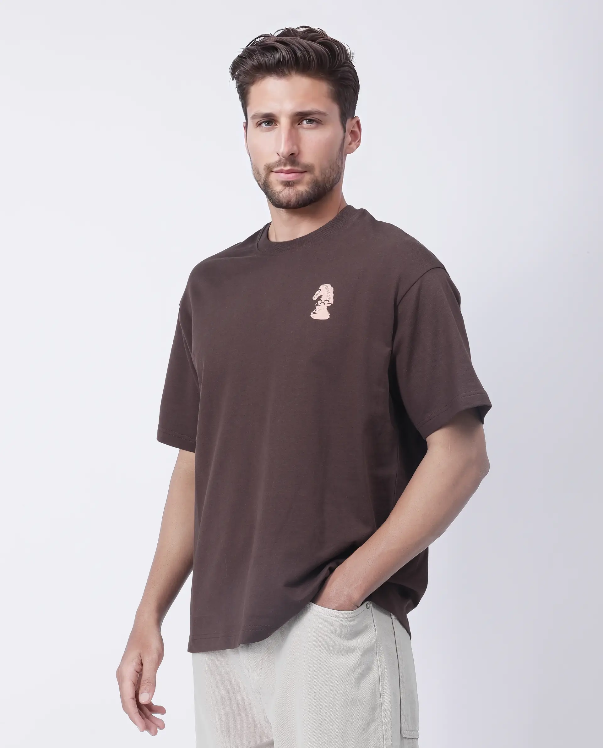Rare Rabbit Men's Fluen Brown Cotton Graphic Print Oversized Fit Half Sleeve Crew Neck T-Shirt - Image 7