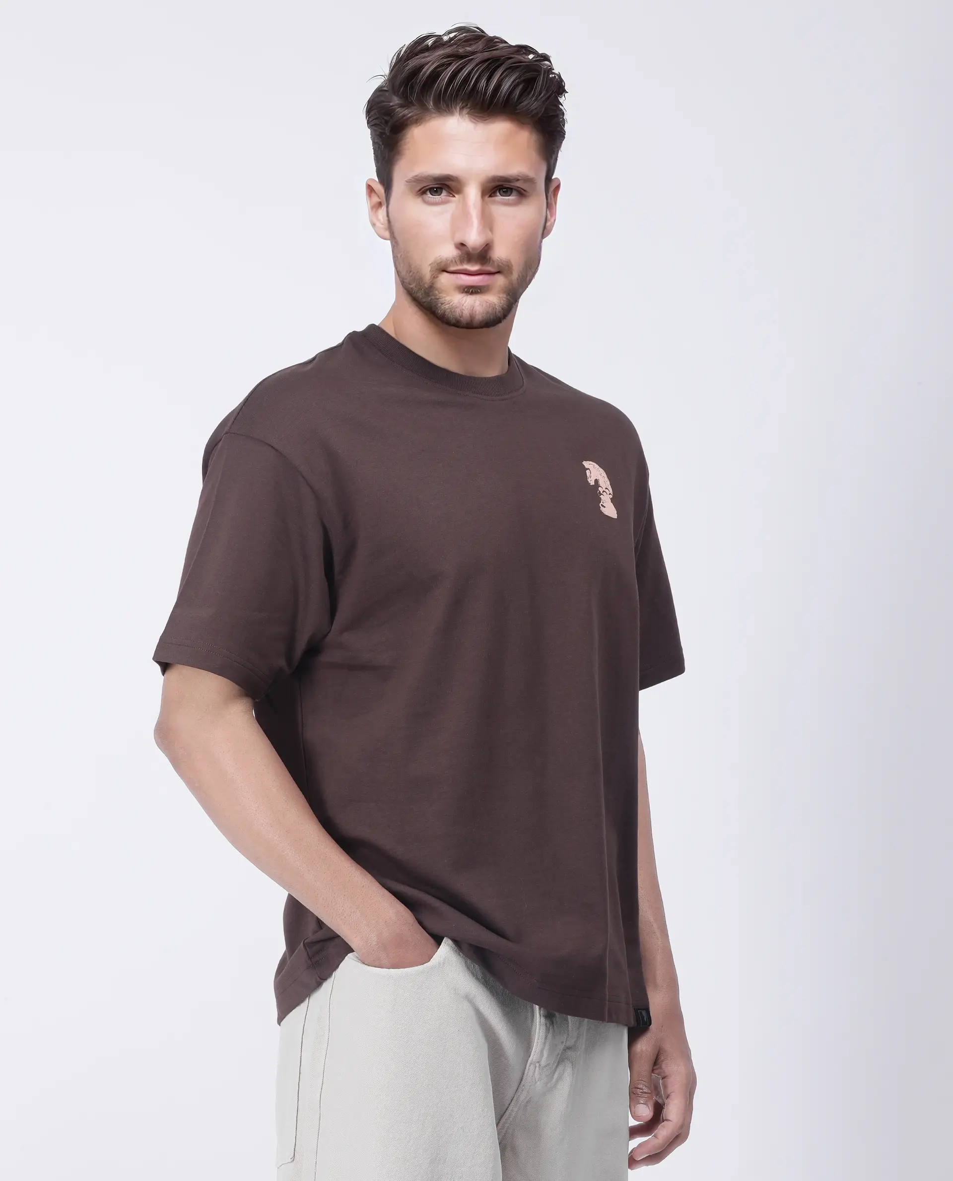 Rare Rabbit Men's Fluen Brown Cotton Graphic Print Oversized Fit Half Sleeve Crew Neck T-Shirt - Image 8