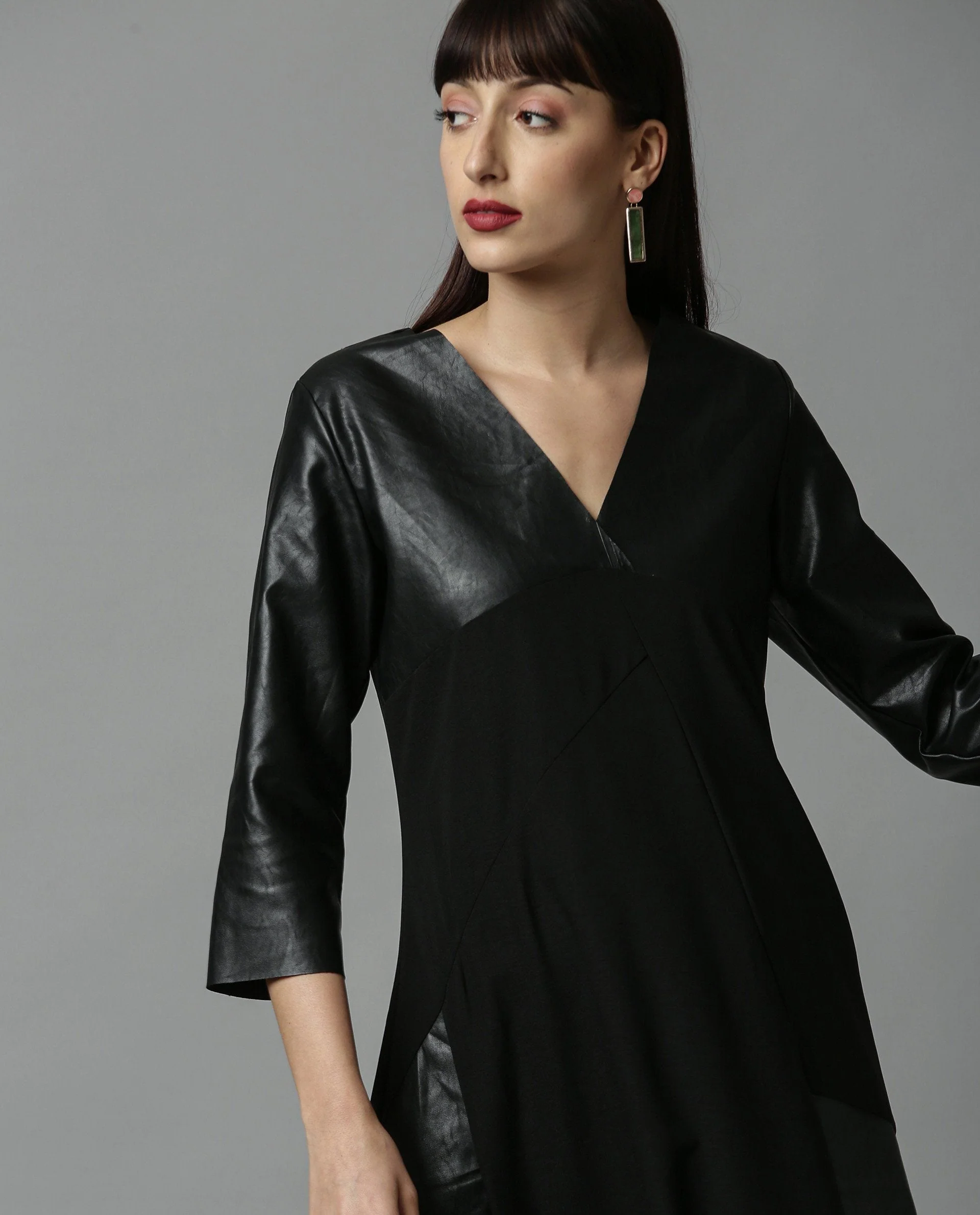 Rareism Women Flute Black Dress Short Sleeves Solid - Image 2