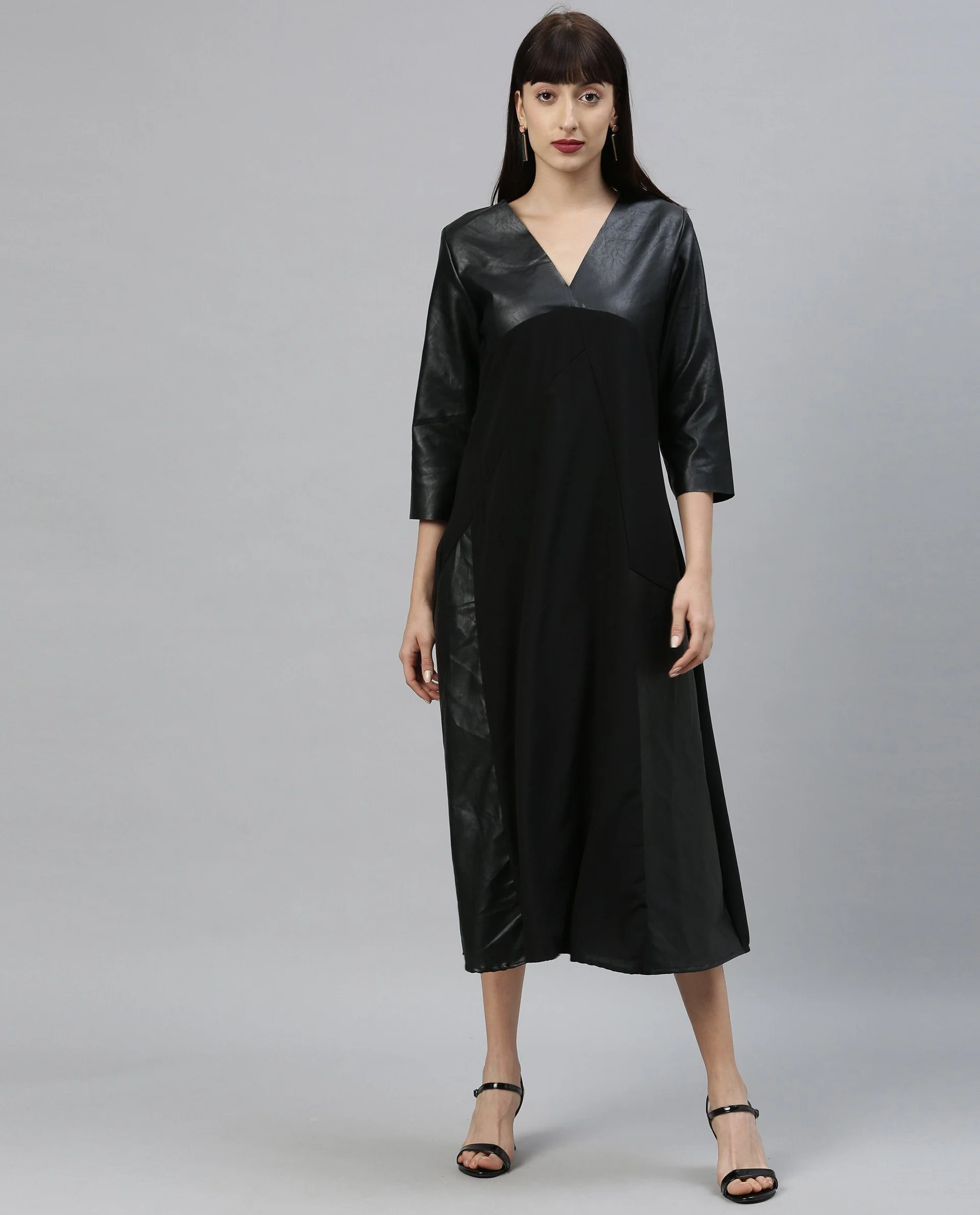 Rareism Women Flute Black Dress Short Sleeves Solid - Image 3