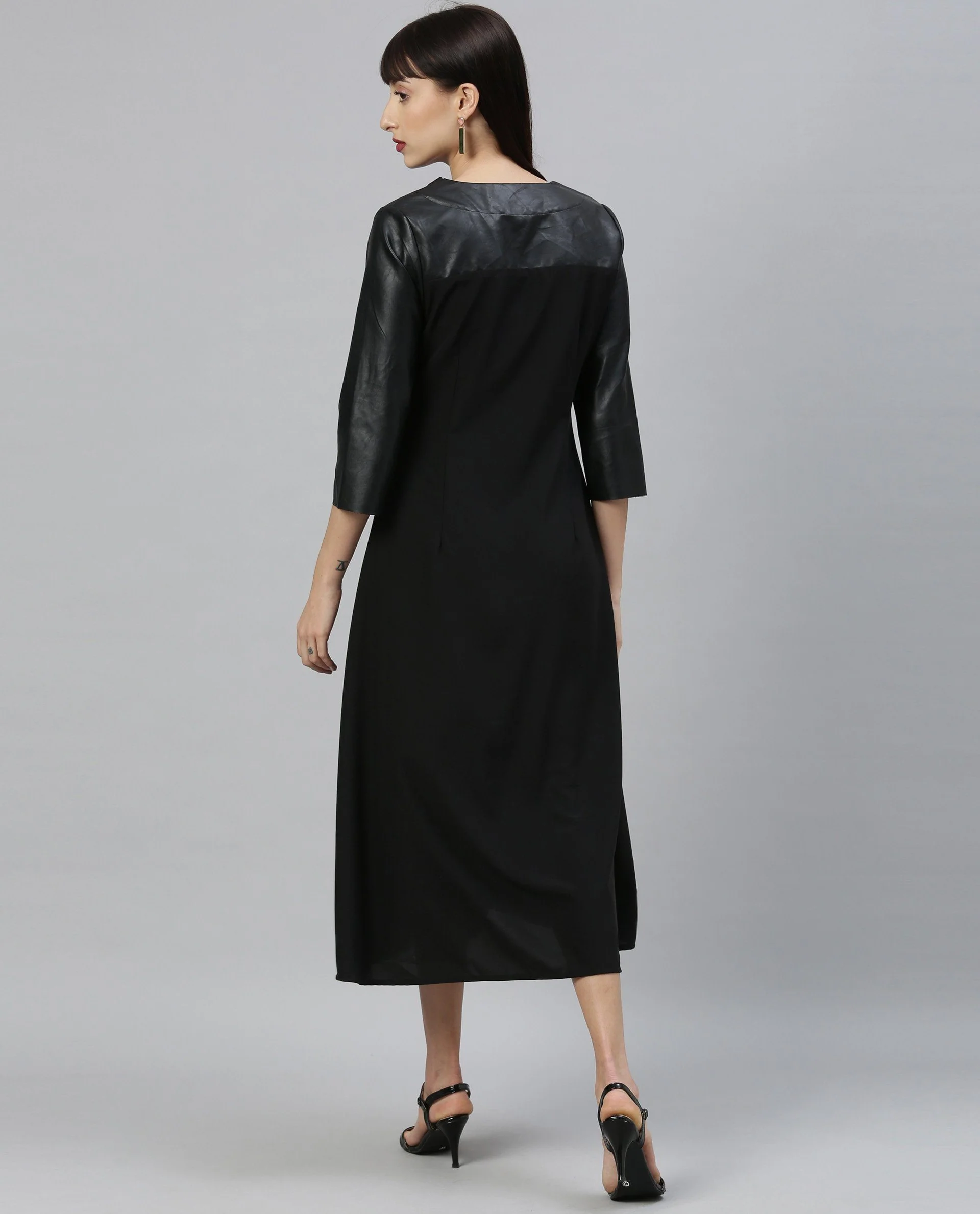Rareism Women Flute Black Dress Short Sleeves Solid - Image 5