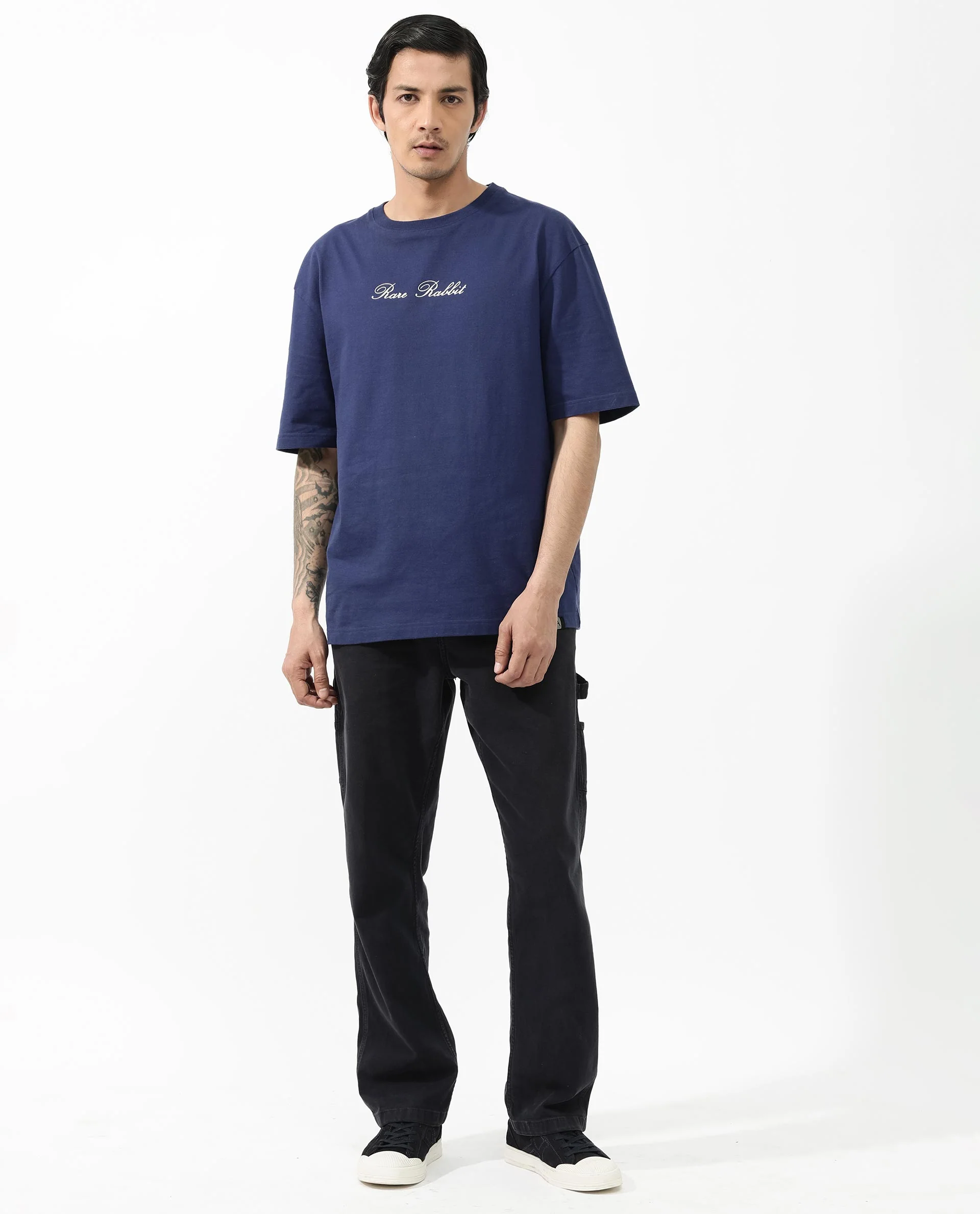 Rare Rabbit Articale Men's Flyby Blue Cotton Fabric Crew Neck Oversized Fit Graphic Print T-Shirt - Image 2