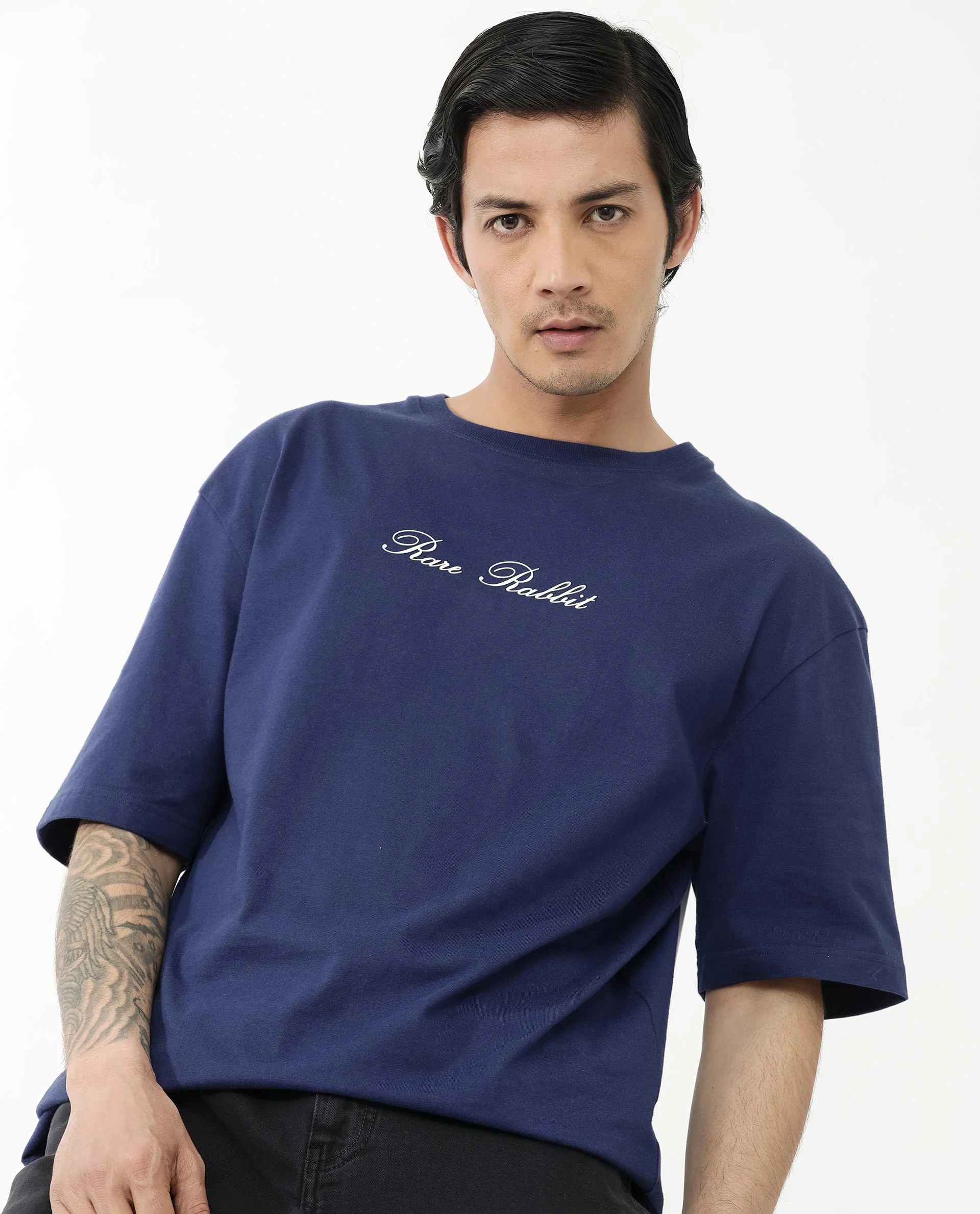 Rare Rabbit Articale Men's Flyby Blue Cotton Fabric Crew Neck Oversized Fit Graphic Print T-Shirt - Image 3