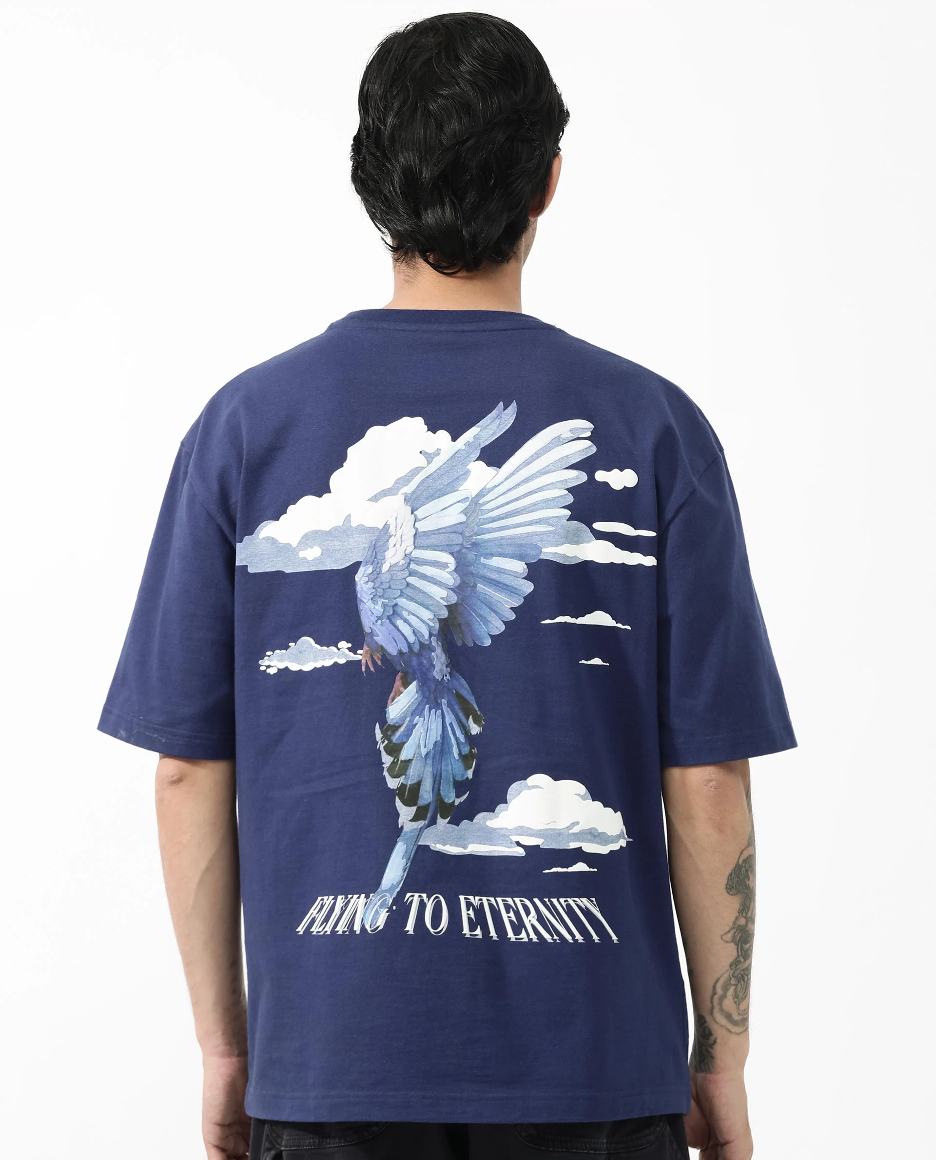 Rare Rabbit Articale Men's Flyby Blue Cotton Fabric Crew Neck Oversized Fit Graphic Print T-Shirt - Image 4
