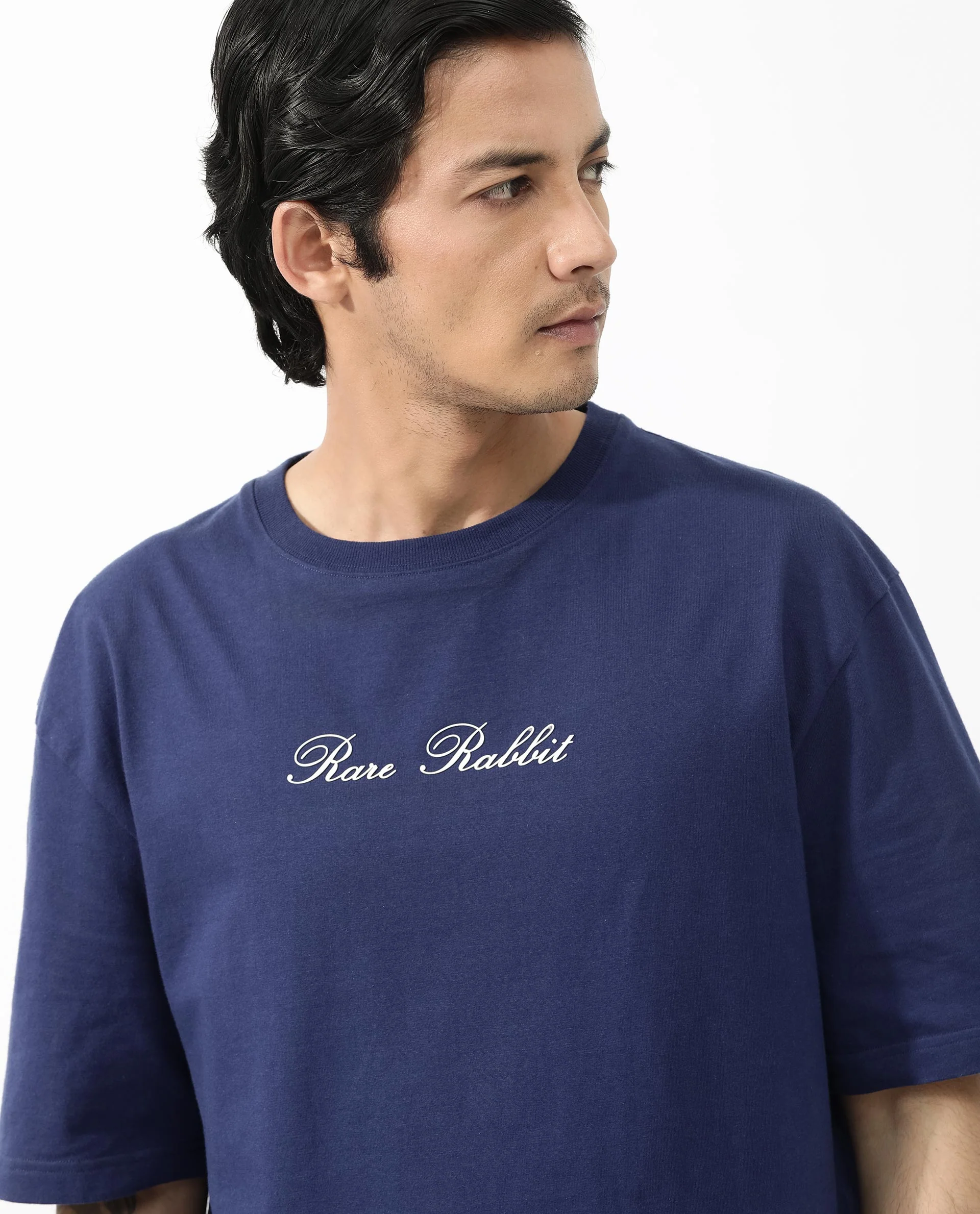 Rare Rabbit Articale Men's Flyby Blue Cotton Fabric Crew Neck Oversized Fit Graphic Print T-Shirt - Image 5