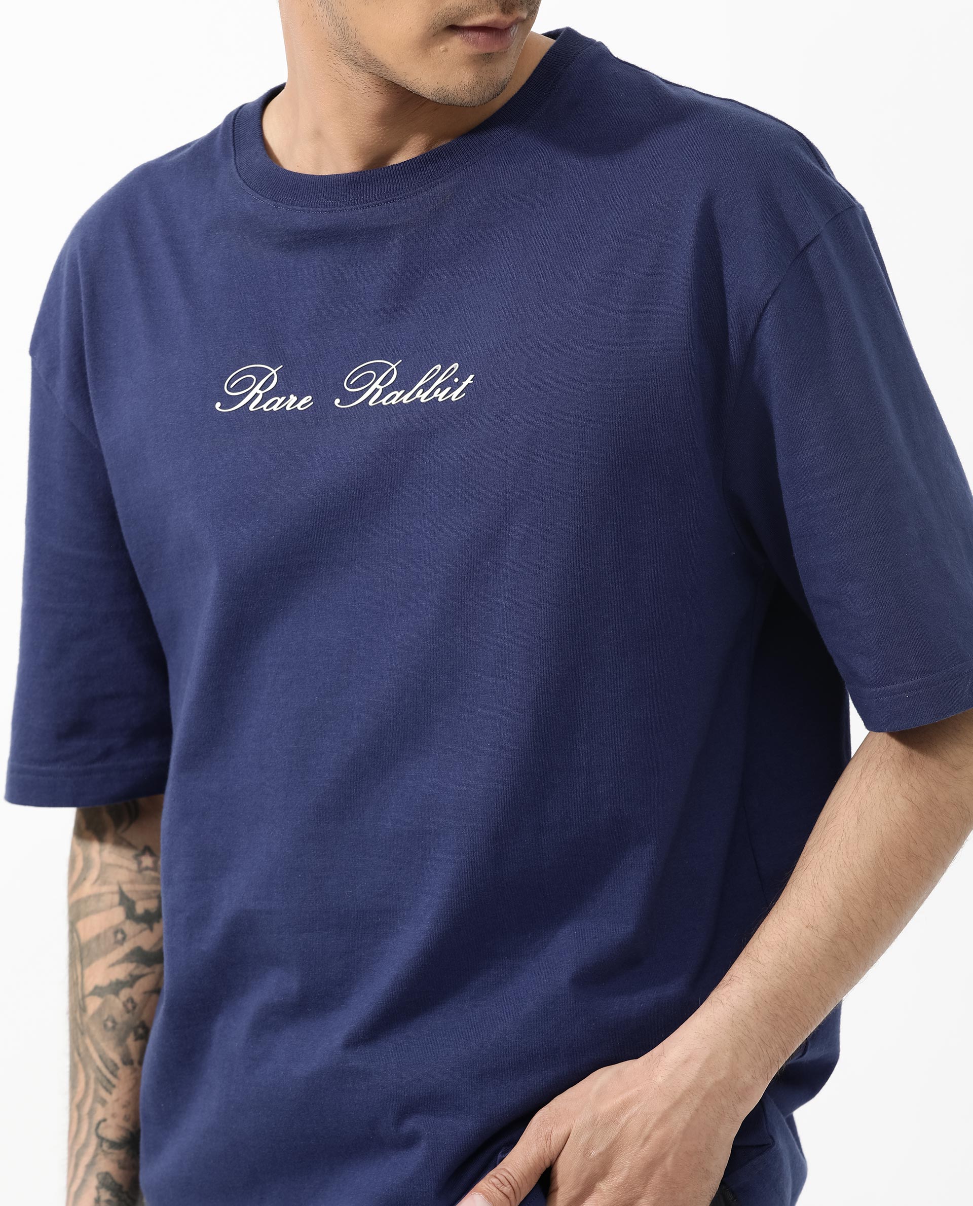 Rare Rabbit Articale Men's Flyby Blue Cotton Fabric Crew Neck Oversized Fit Graphic Print T-Shirt - Image 6
