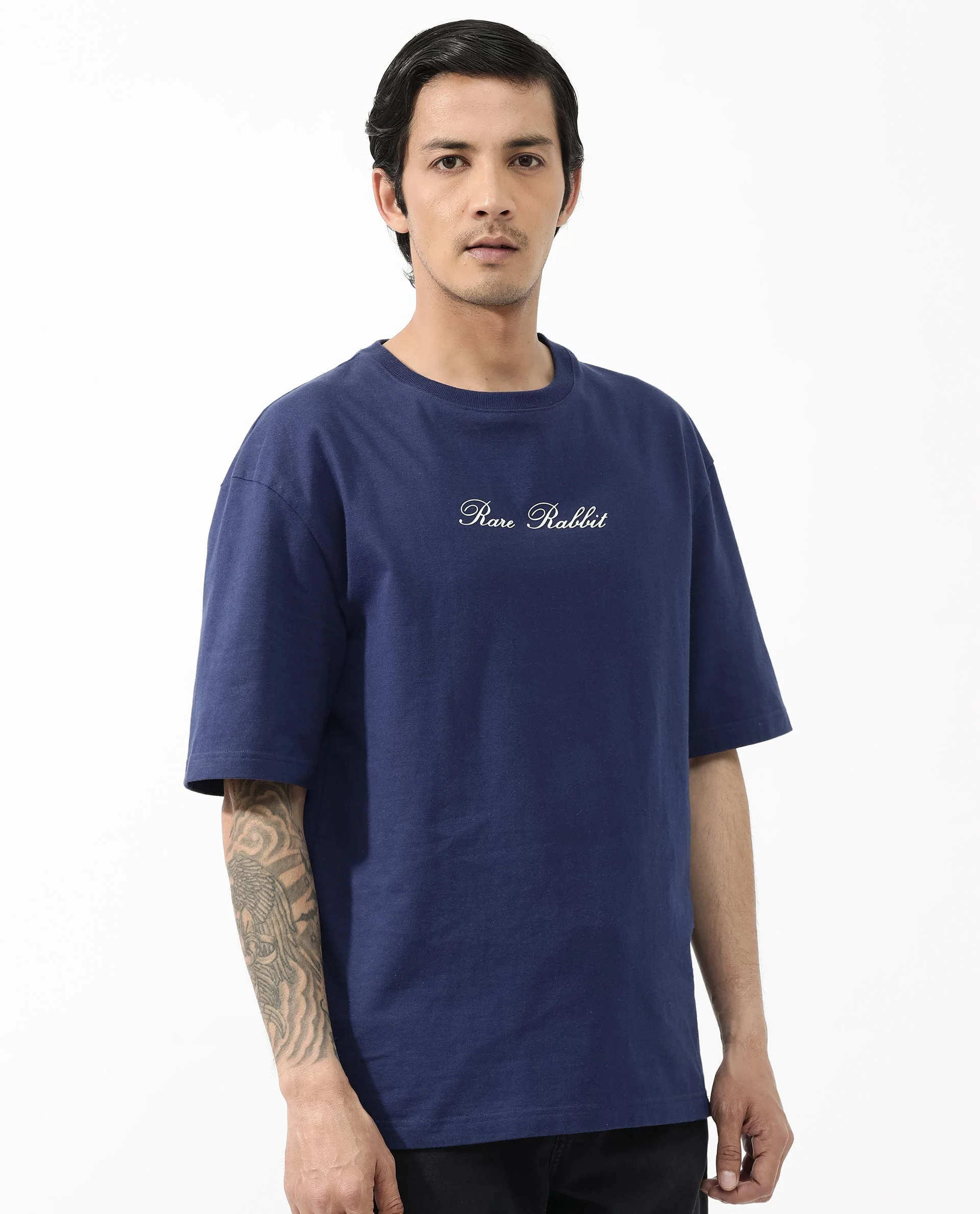 Rare Rabbit Articale Men's Flyby Blue Cotton Fabric Crew Neck Oversized Fit Graphic Print T-Shirt - Image 7