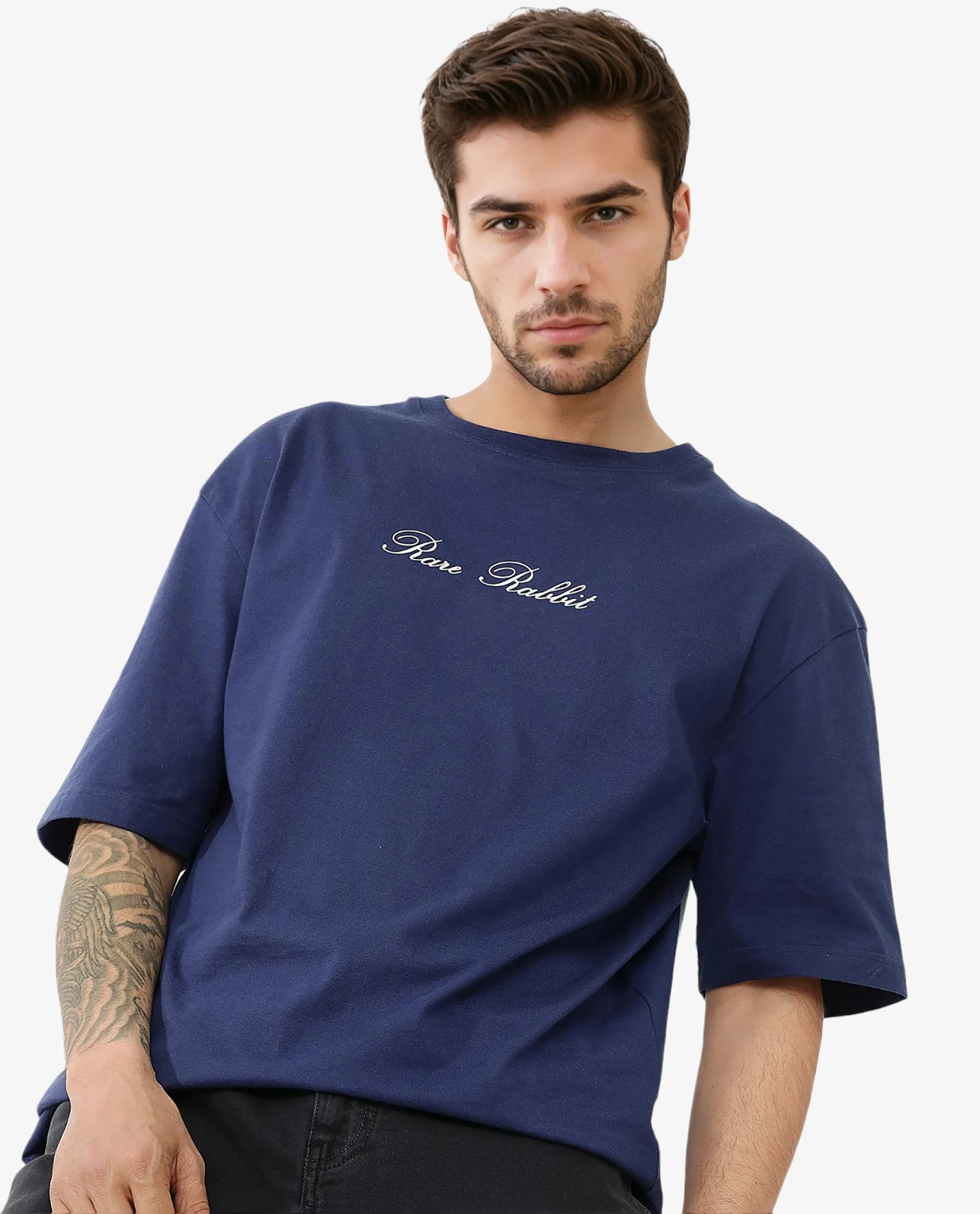 Rare Rabbit Articale Men's Flyby Blue Cotton Fabric Crew Neck Oversized Fit Graphic Print T-Shirt - Image 8